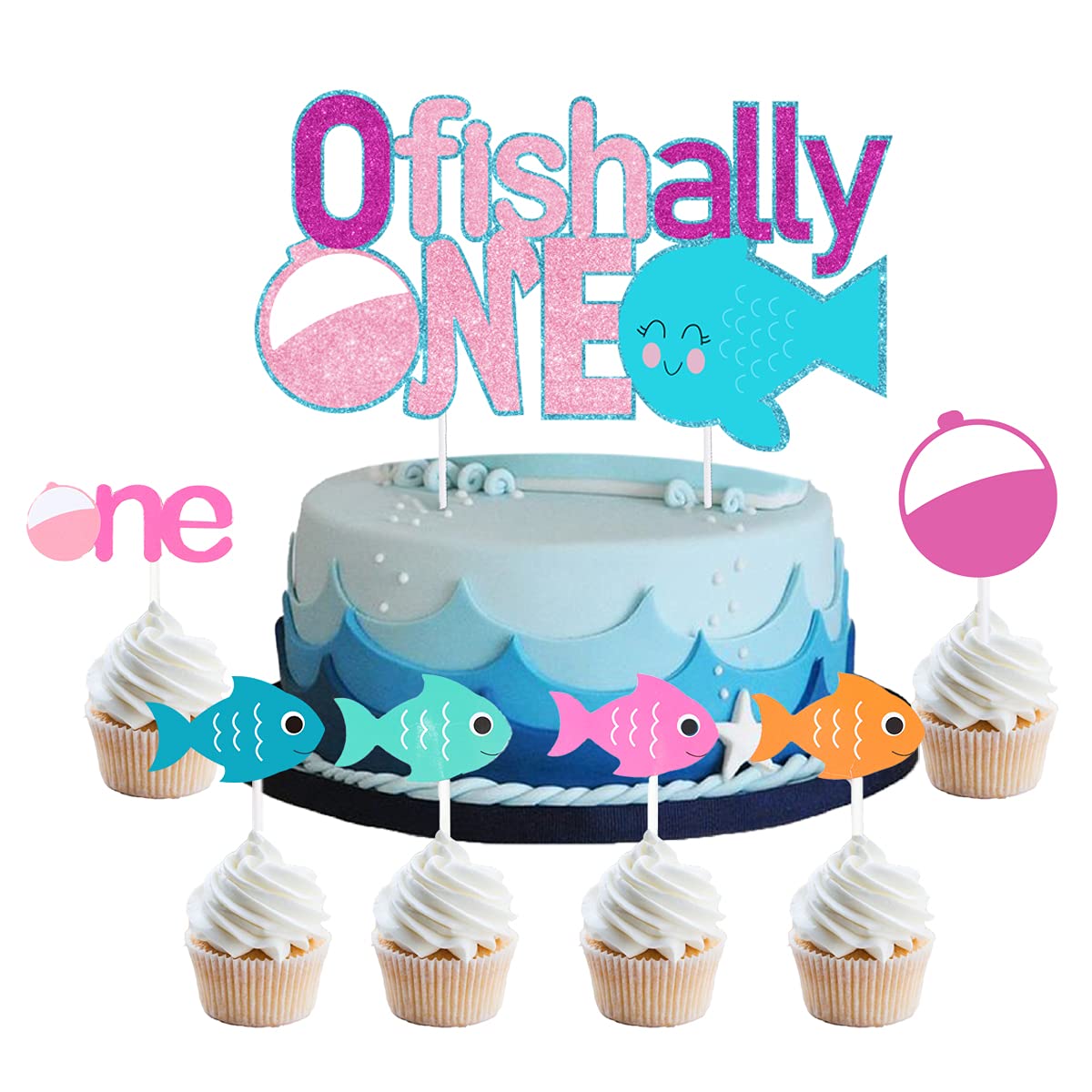 Ofishally One Cake Decorations 25 Pcs - Pink Fishing Cake Toppers for Girls' 1st Birthday Party Supplies | The Big One Fishing Theme Cupcake Toppers | Perfect for Fishing Birthday Cakes, Cupcakes and Party Decorations