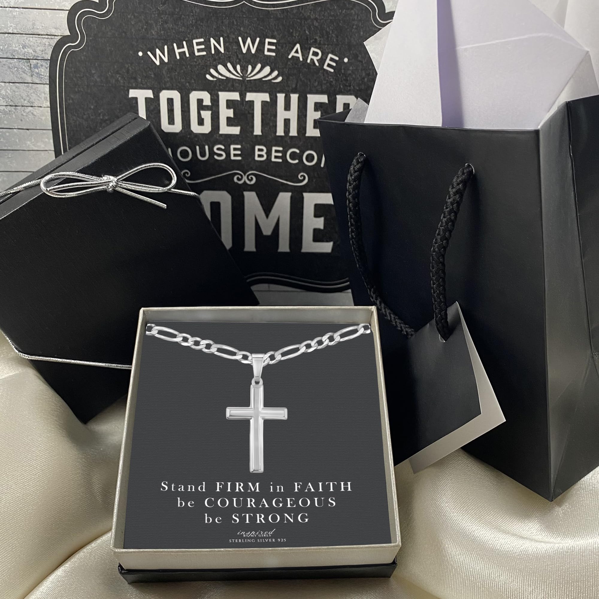 Men's Sterling Silver Cross Pendant Necklace with Figaro Chain - Inspirational Faith Gift for Religious Occasions, Baptism, and Daily Wear