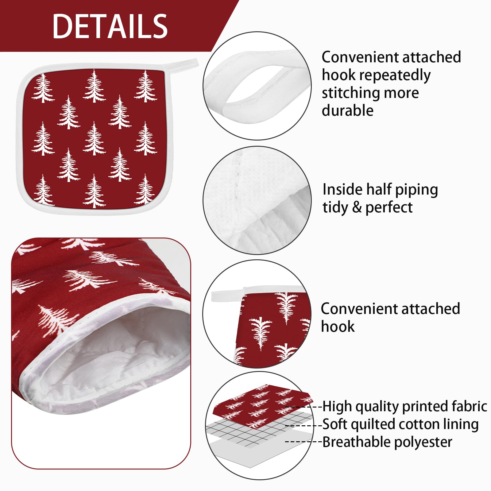 5-Piece Neutral Christmas Kitchen Towels, Oven Mitts & Pot Holder Set - Modern Holiday Decor for Farmhouse Kitchens - Xmas Tree Design - Perfect for Baking, Cooking & Festive Home Decor (Red)