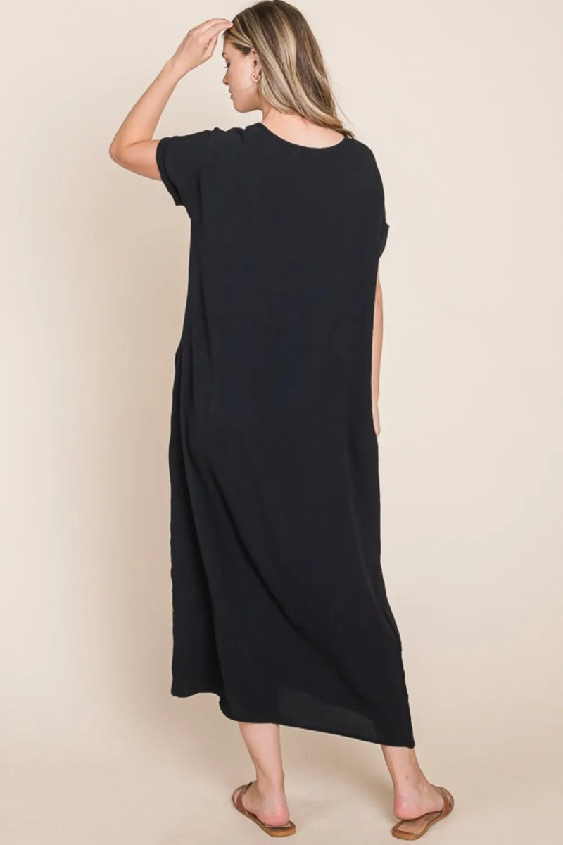 BOMBOM Women's Summer Round Neck Short Sleeve Midi Dress with Pockets - Casual Flowy Dress for Beach, Vacation & Everyday Wear