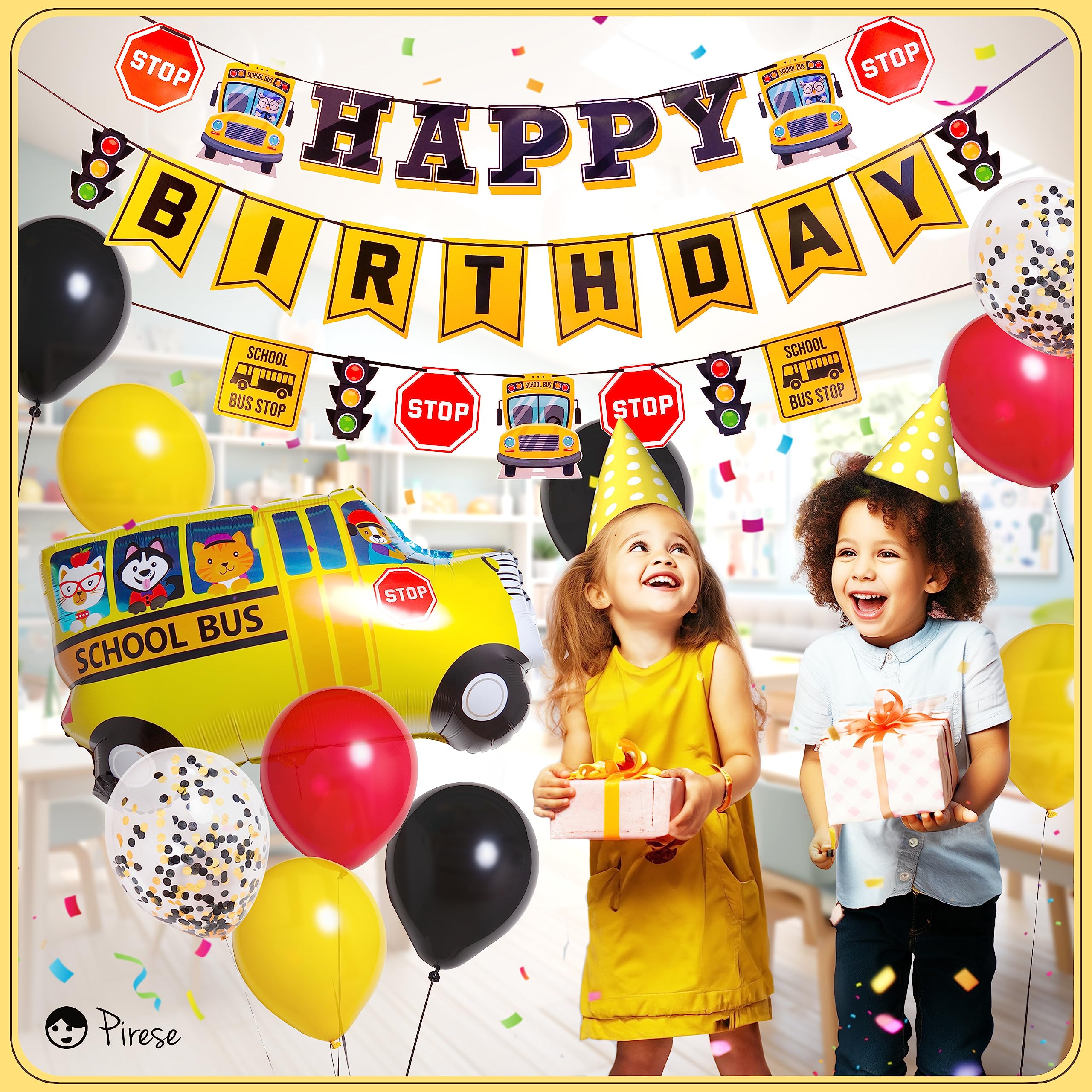 Pirese Wheels on The Bus Birthday Decorations - School Bus Party Supplies for Kids Birthday, Classroom Theme & Bus-Themed Events | School Bus Banner, Backdrop & Party Decor | Perfect for School Bus Birthday Parties, Baby Showers & Classroom Celebrations