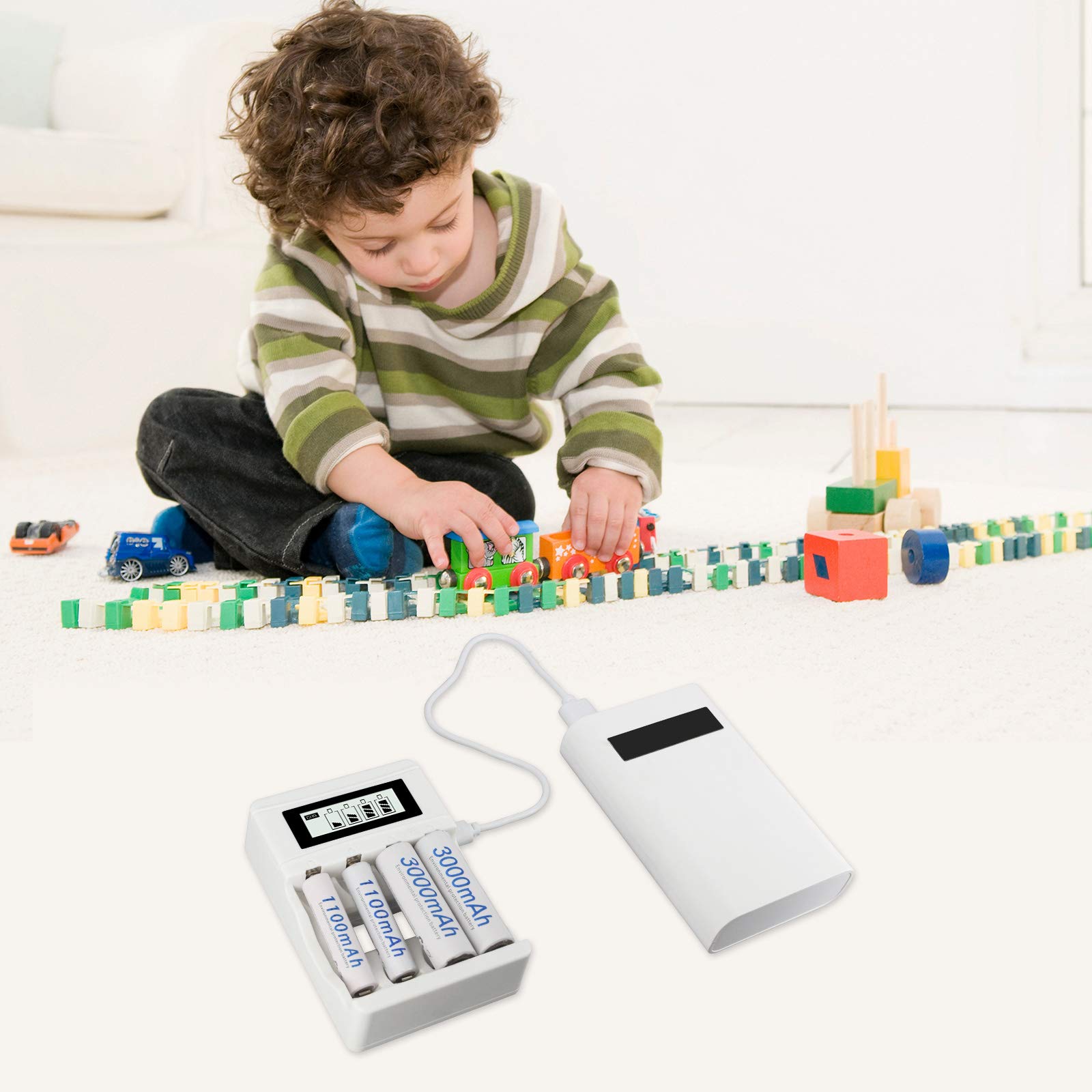 CITYORK 4 Bay AA AAA Battery Charger with LCD Display - USB Rechargeable Ni-MH Ni-CD Battery Charger for AA/AAA Batteries (White) - Perfect for Cameras, Toys, Remote Controls & Home Electronics