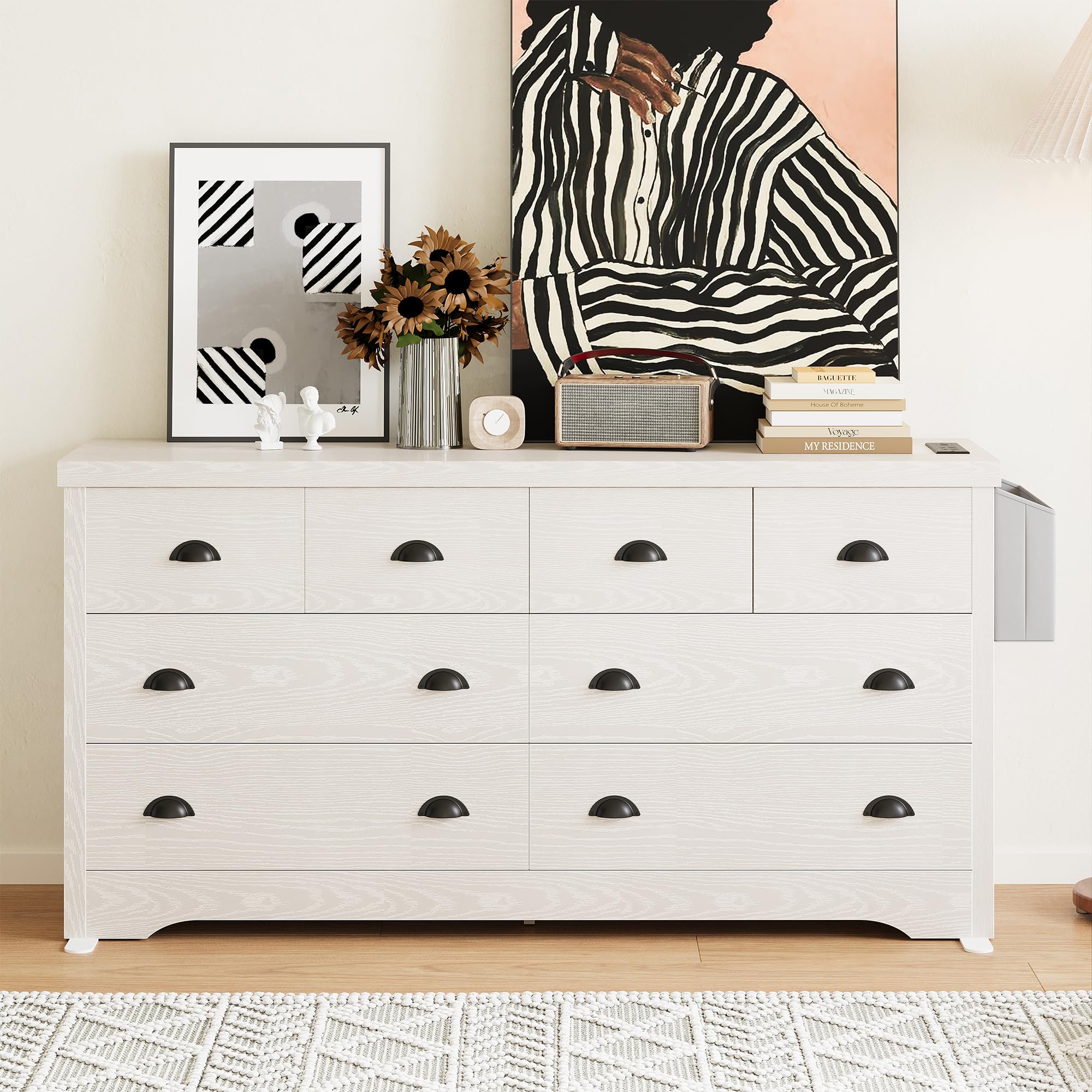 LIKIMIO 8-Drawer Modern Wood Dresser with USB Charging Station & Storage Bag - White Bedroom Chest for Clothes, Entryway Storage & Living Room Organization