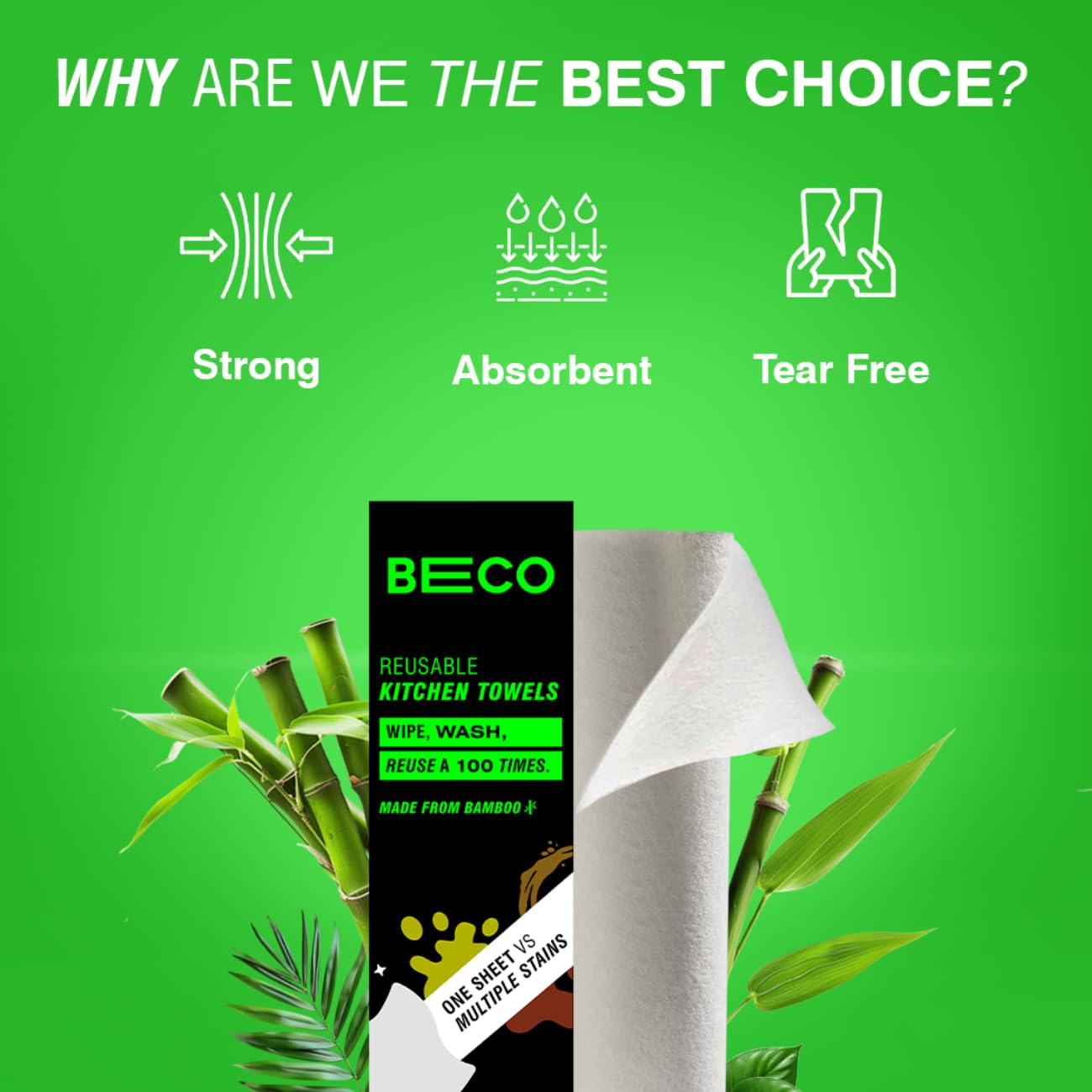Beco Reusable Bamboo Kitchen Towels - 20 Sheets | Super Soft & Highly Absorbent | Eco-Friendly & Tree-Free | Sustainable Alternative to Paper Towels | Perfect for Kitchen Cleaning, Wiping Spills, and Everyday Use