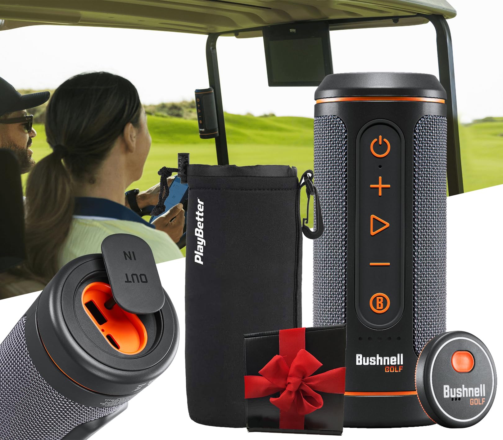 Bushnell Wingman 2 Golf GPS Speaker with BITE Magnetic Mount & Battery Indicator - Portable Bluetooth Speaker for Golfers - Includes Protective Pouch & Gift Box - Ideal for Golf Courses, Driving Range, and Outdoor Activities (Red Bow)