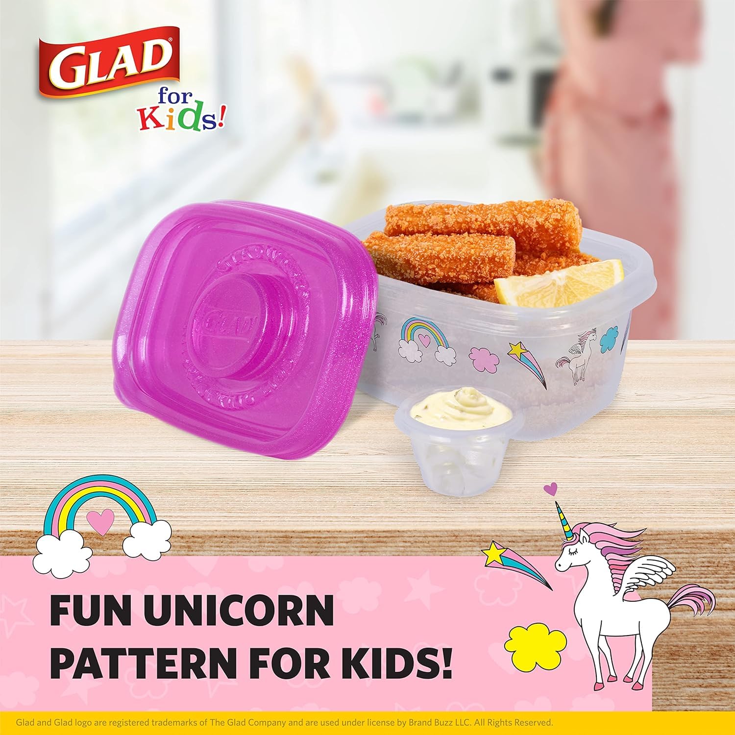 Glad for Kids GladWare Snack Containers with Unicorn Design | BPA-Free Plastic Food Storage Containers with Dressing Cups | Microwave & Dishwasher Safe, 24oz, 4-Pack (Pink) | Perfect for School Lunches, Picnics & On-the-Go Snacks