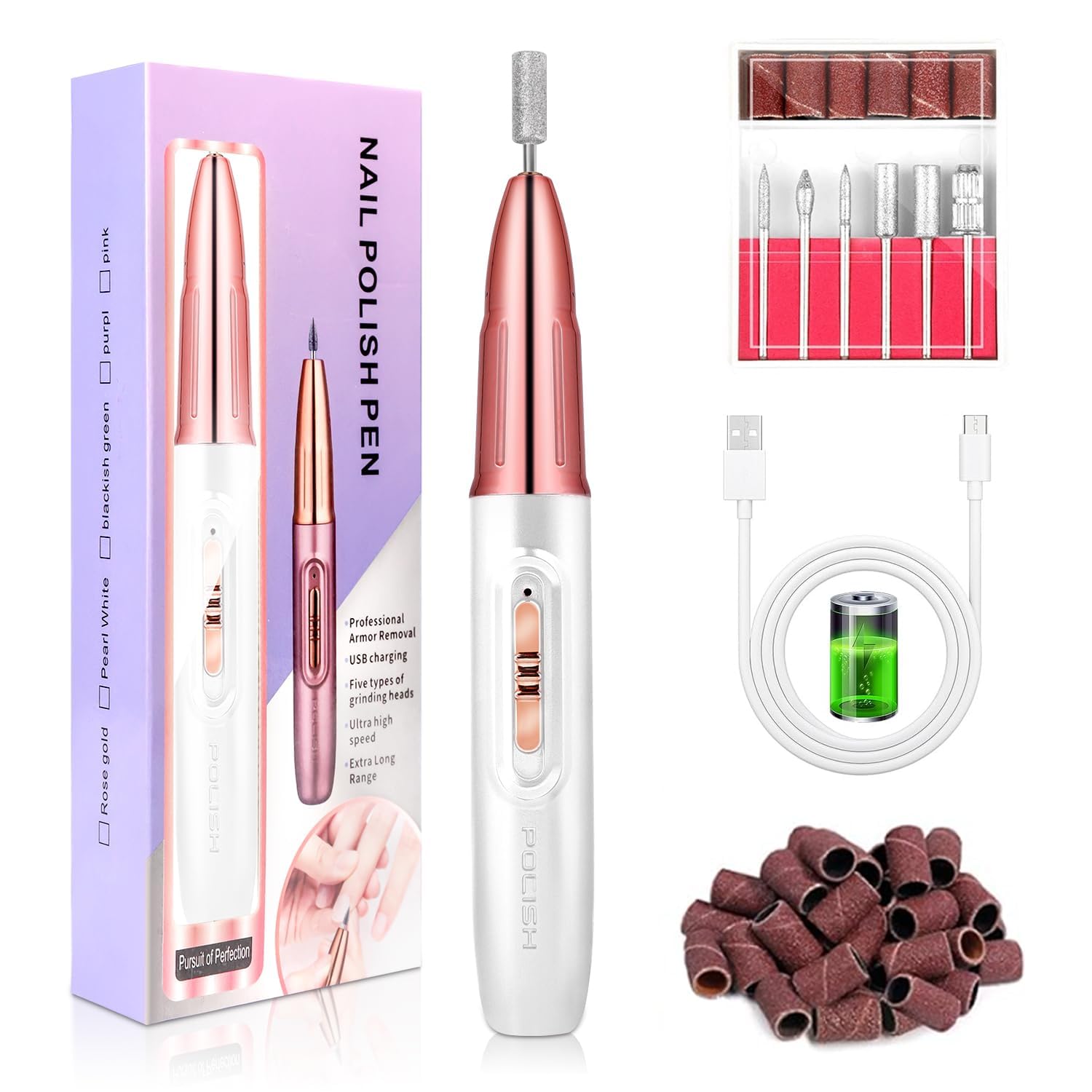 Professional Cordless Electric Nail Drill 30000RPM - Rechargeable Nail File Kit with Drill Bits & Sanding Bands for Acrylic, Gel Polish & Nail Removal (White Gold) - Perfect for Home Manicures & Salon Nail Care