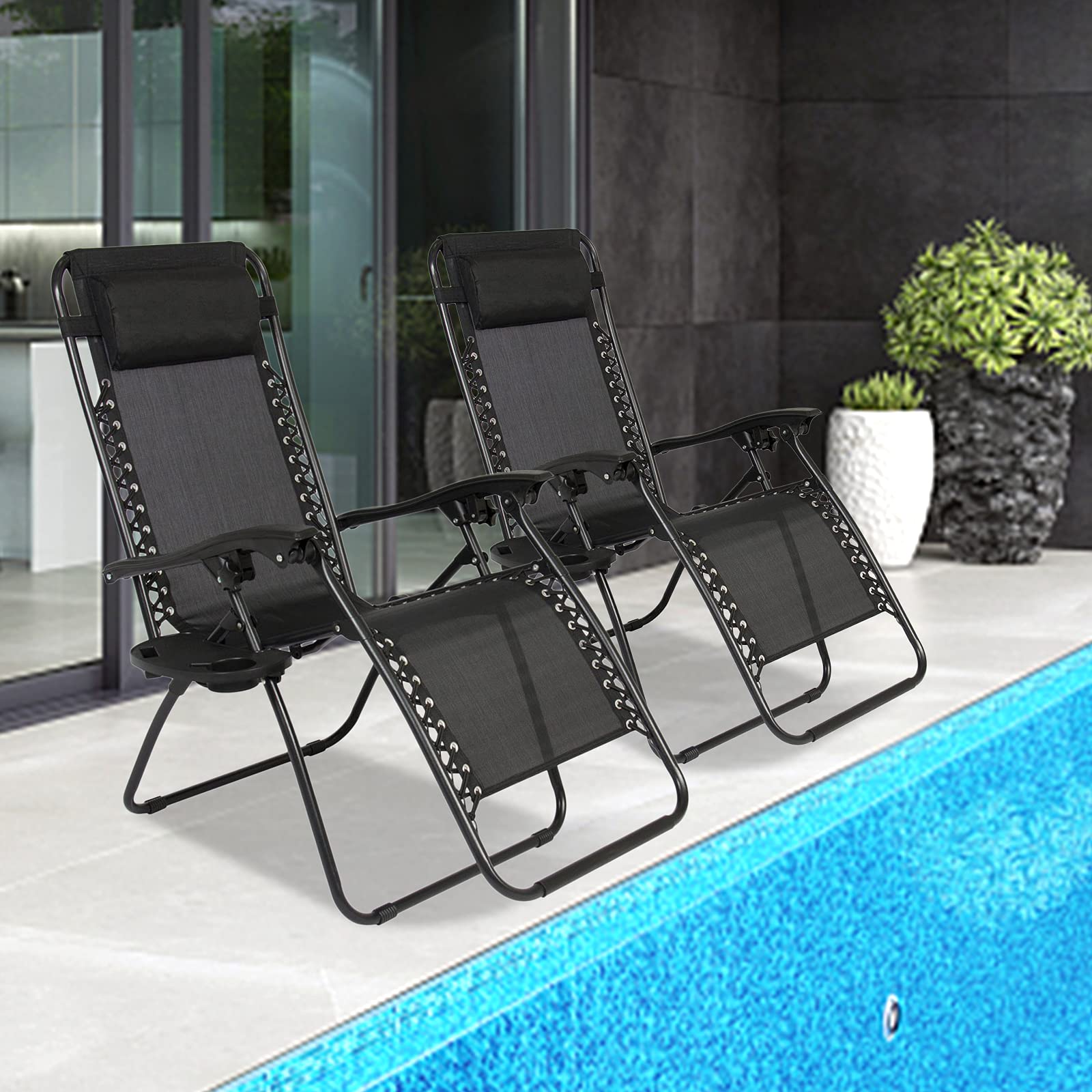 HomVent 2PC Zero Gravity Lounge Chair - Adjustable Reclining Patio Chair with Cup Holder & Pillows, Foldable Outdoor Relaxation Chair for Deck, Backyard, Beach, Poolside & Camping (Black)
