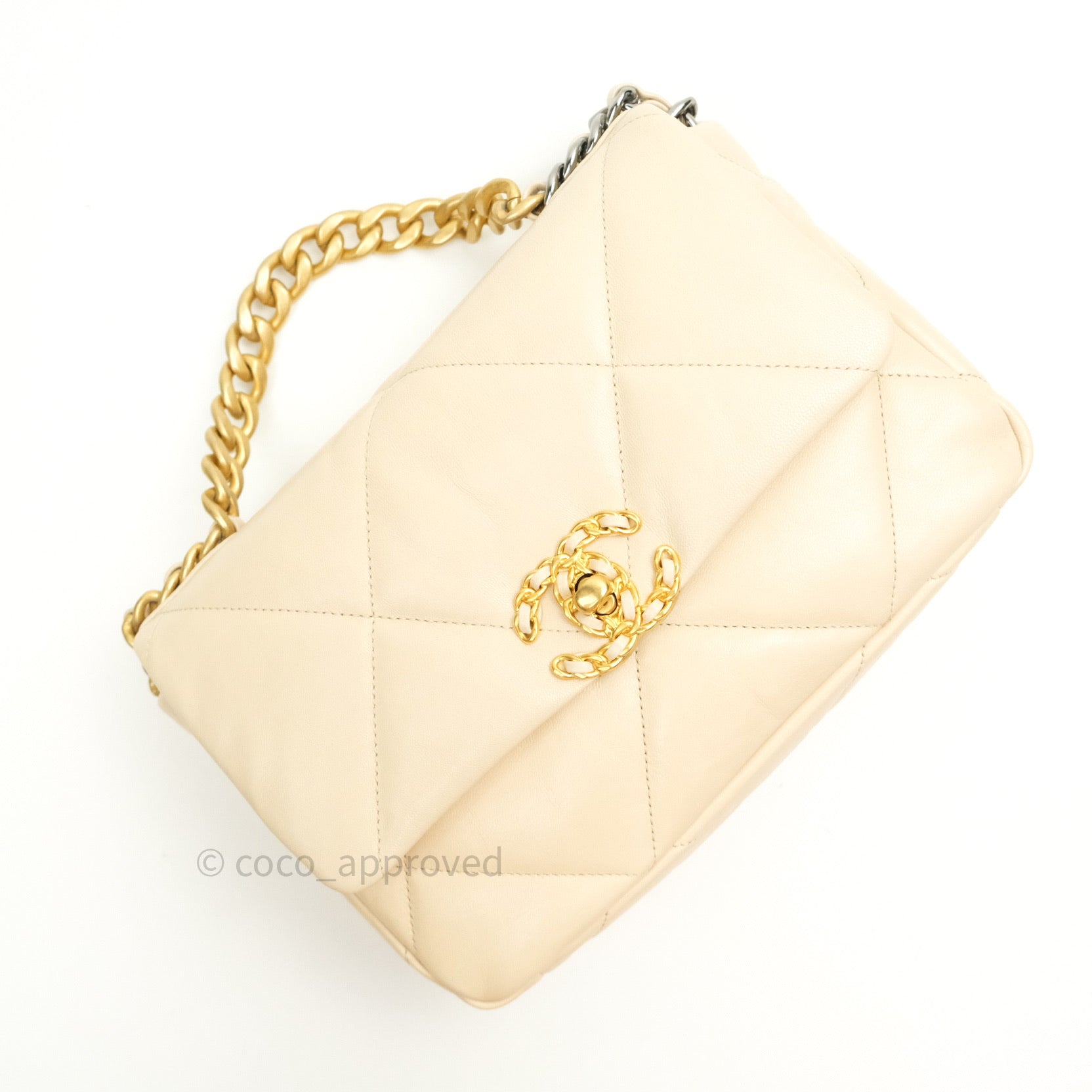 Chanel 19 Small Beige Goatskin Leather Bag with Mixed Gold & Silver Hardware - Luxury Crossbody Purse for Women, Perfect for Date Night & Special Occasions