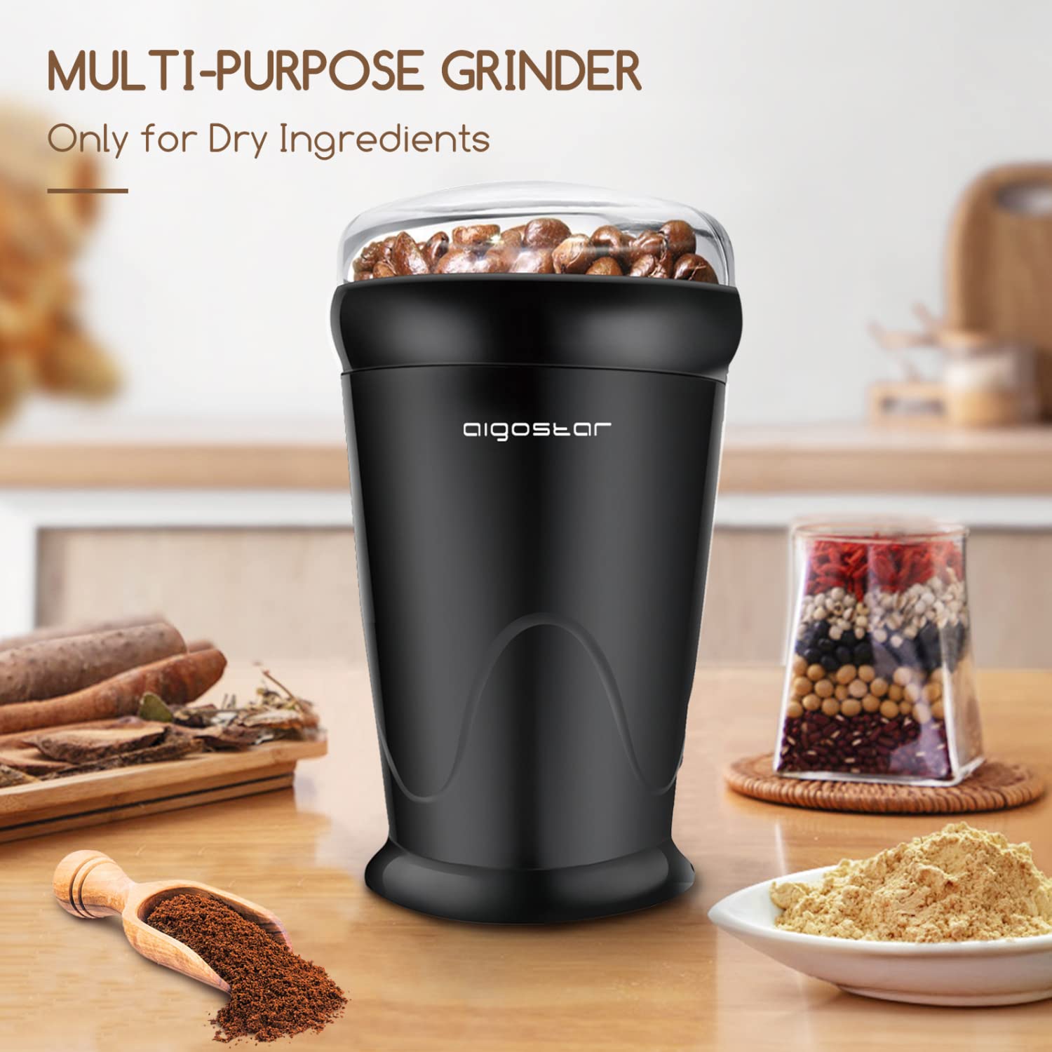 Aigostar 150W Electric Coffee Grinder with Stainless Steel Blades - 60g Capacity for Coffee Beans, Nuts, Spices & Seeds - Includes Cleaning Brush (2-Pack, Black) - Perfect for Home Kitchens & Coffee Shops