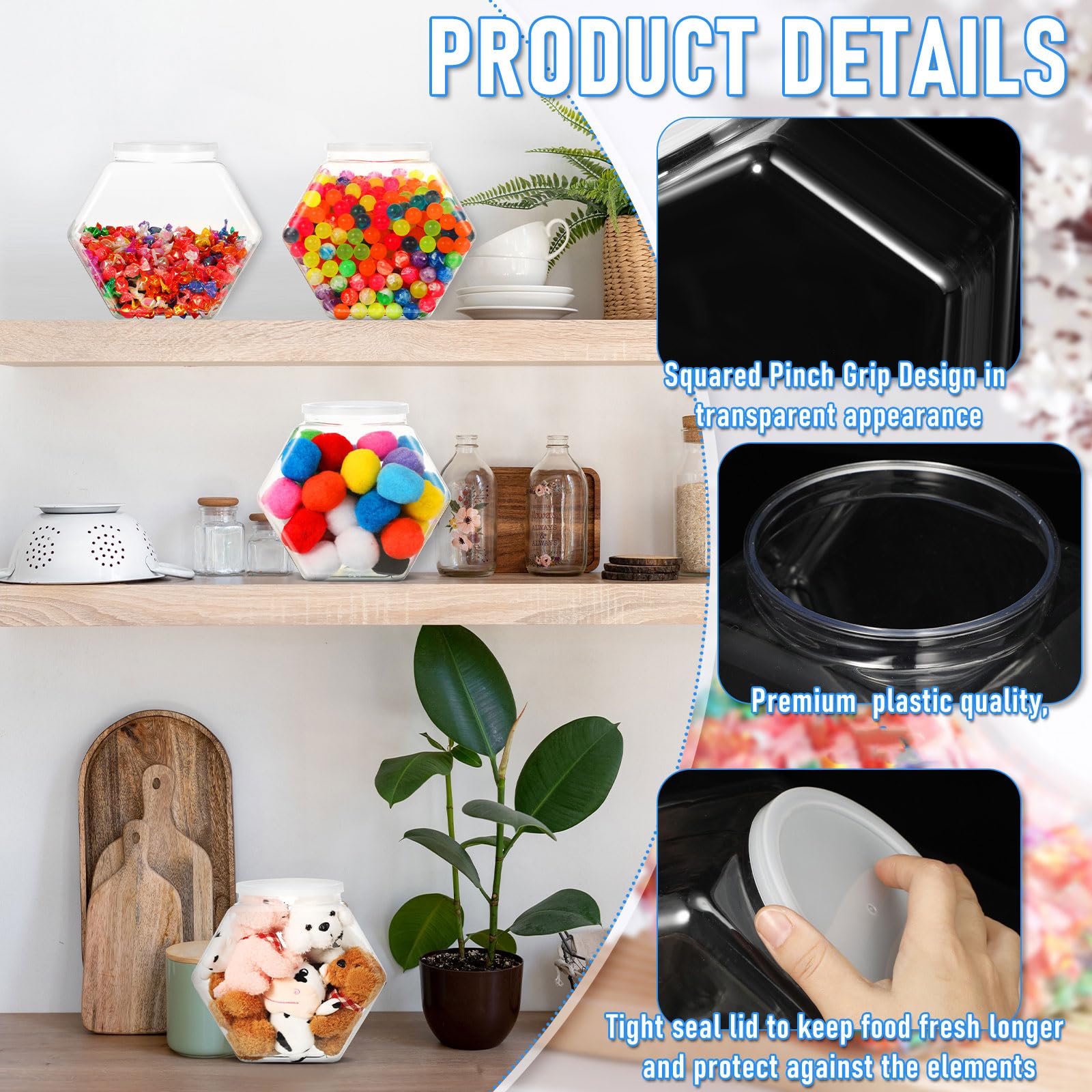 Uiifan 70 oz Clear Hexagonal Plastic Candy Jar with Airtight Lid - Food Storage Container for Snacks, Cookies, Dog Treats, Coffee Pods & Laundry Pods - Perfect for Kitchen Pantry, Craft Room & Sewing Supplies Organization