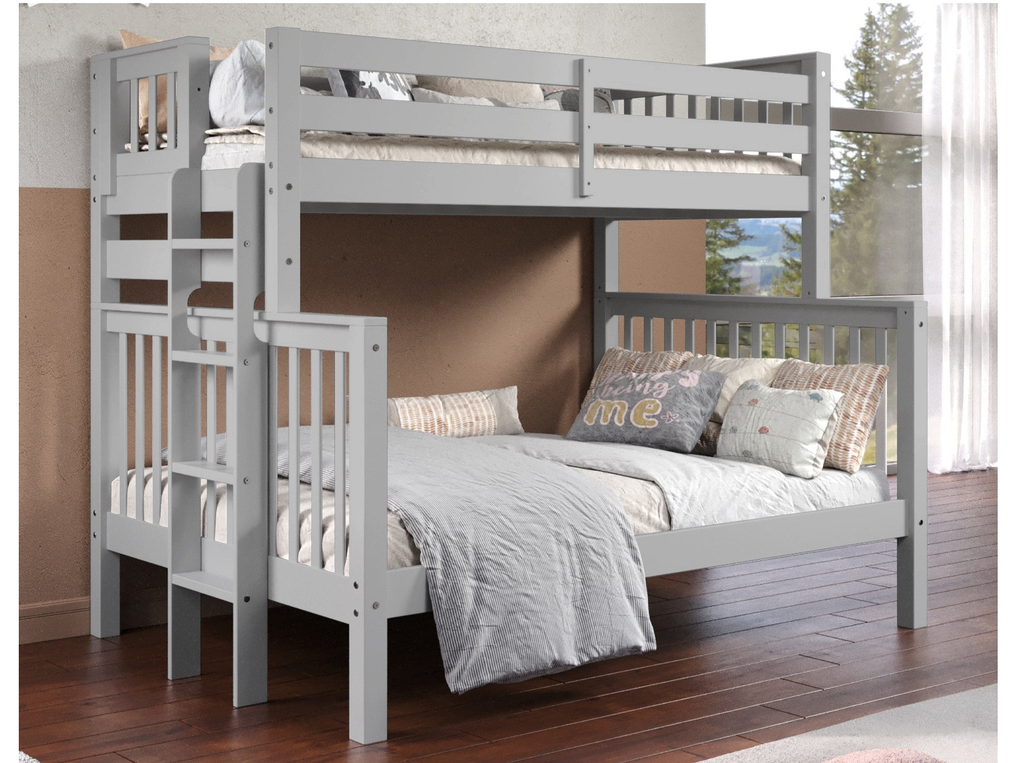 Twin Over Full Bunk Bed with End Ladder in Gray - Space-Saving Kids & Guest Room Furniture for Small Bedrooms & Dorm Rooms