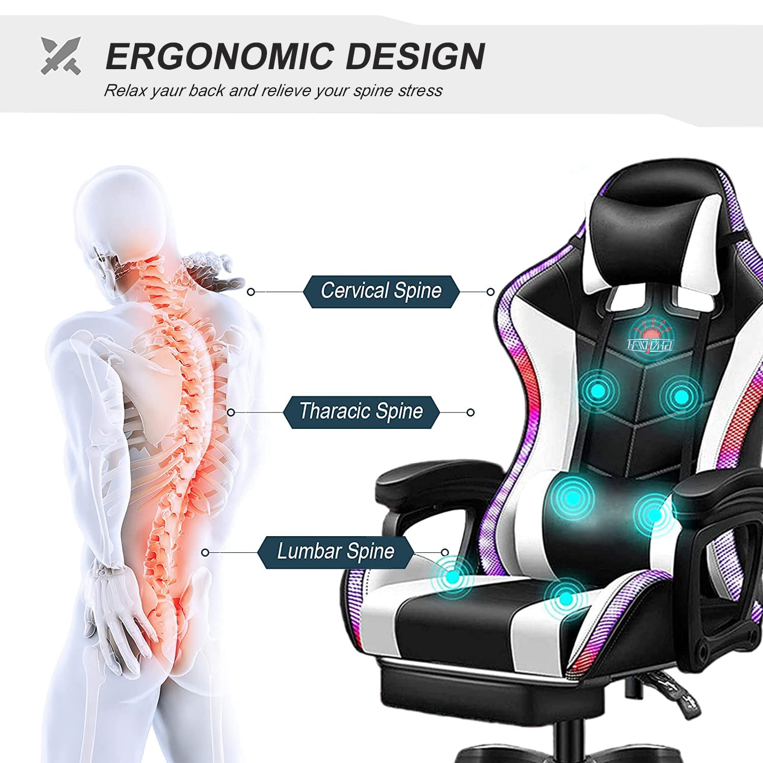 XOOFMASS Gaming Chair with Built-in Speakers & RGB LED Lights - Ergonomic Racing Office Chair, PU Leather Recliner with Lumbar Support - Perfect for Esports, Streaming & Home Office (Black)