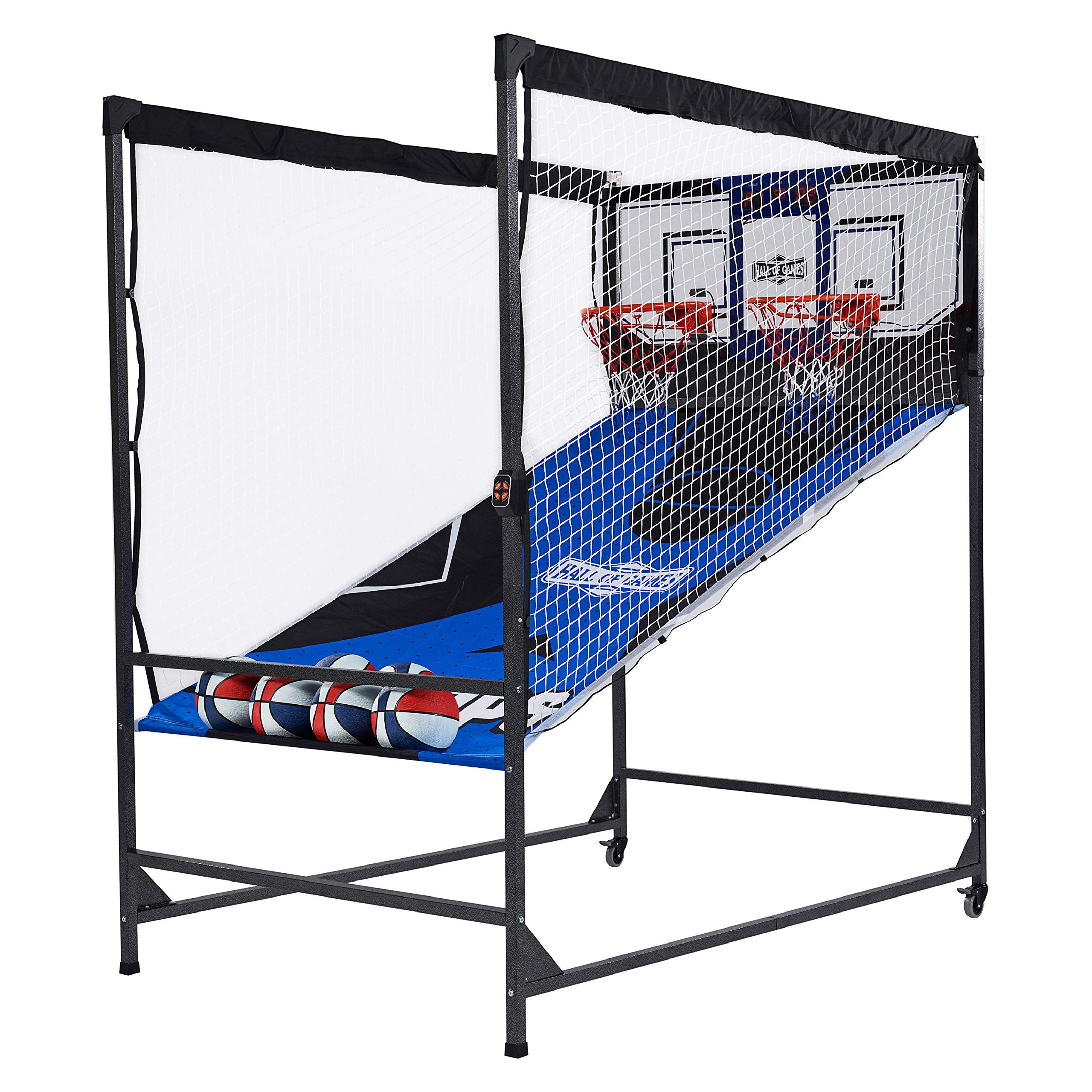 Hall of Games Premium Arcade Cage Basketball Game - Steel Frame & Polycarbonate Backboard, Dual Shot LED Scoring with 6 Size 8.5 Inch Basketballs - Perfect for Indoor Sports, Game Rooms & Family Fun