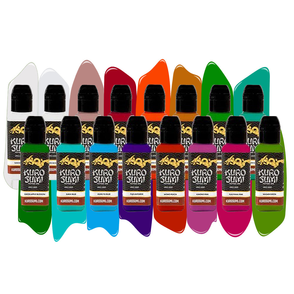 Kuro Sumi Tattoo Ink - 16 Color Primary Set #4 (1oz/4oz/8oz) - Professional Tattoo Supplies for Artists & Beginners - Perfect for Sleeves, Portraits & Traditional Tattoos