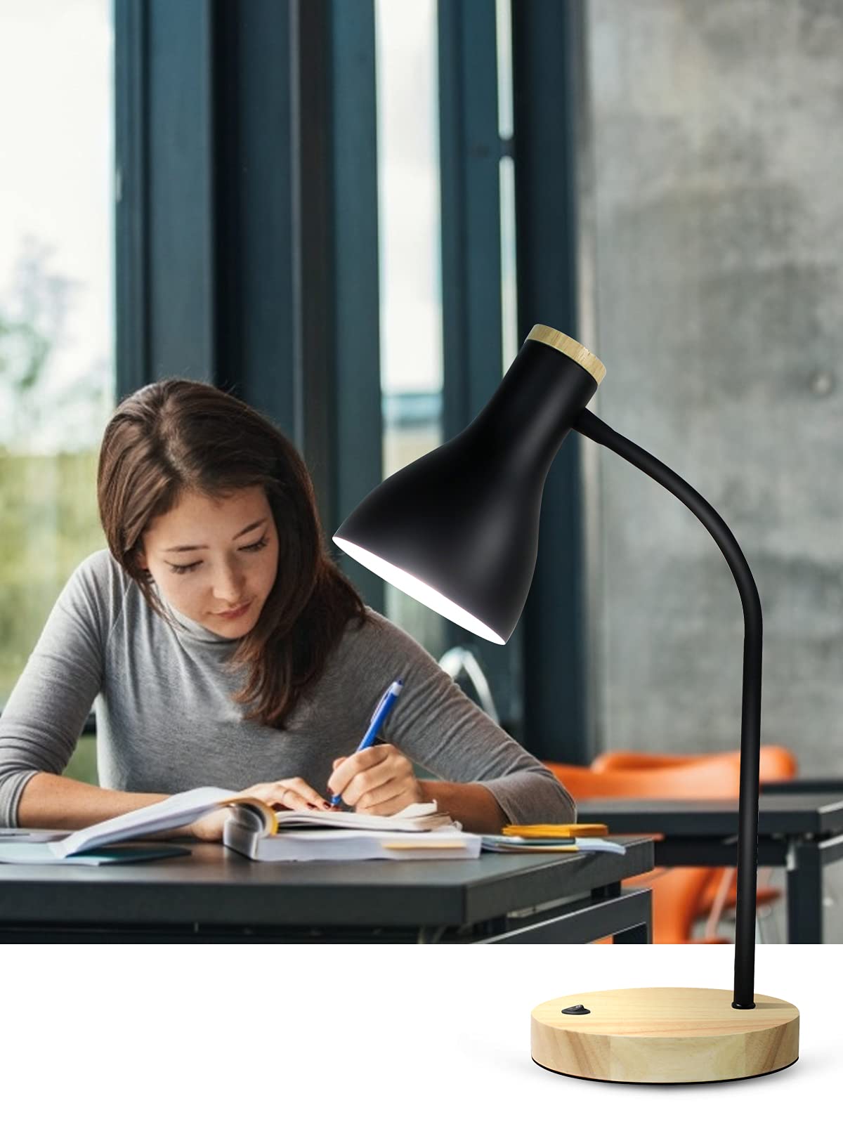 Adjustable Metal Arc Desk Lamp with Wood Base - Flexible Gooseneck Reading Light for Bedroom, Study Room & Office - Perfect for Night Reading, Working & Home Decor (Wood Base+Black)