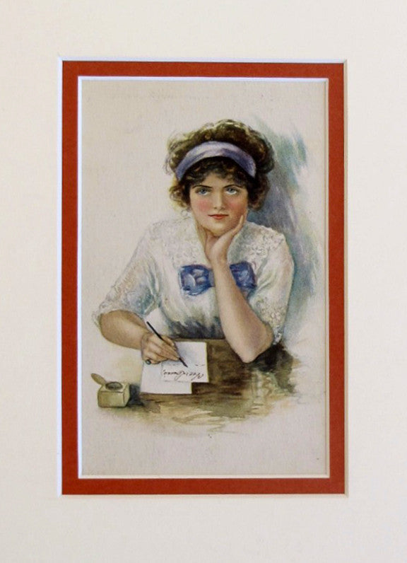 1900-1910 Original Vintage Mini Poster - Young Girl Writing Letter - Antique Home Decor & Office Wall Art for Classic Aesthetic