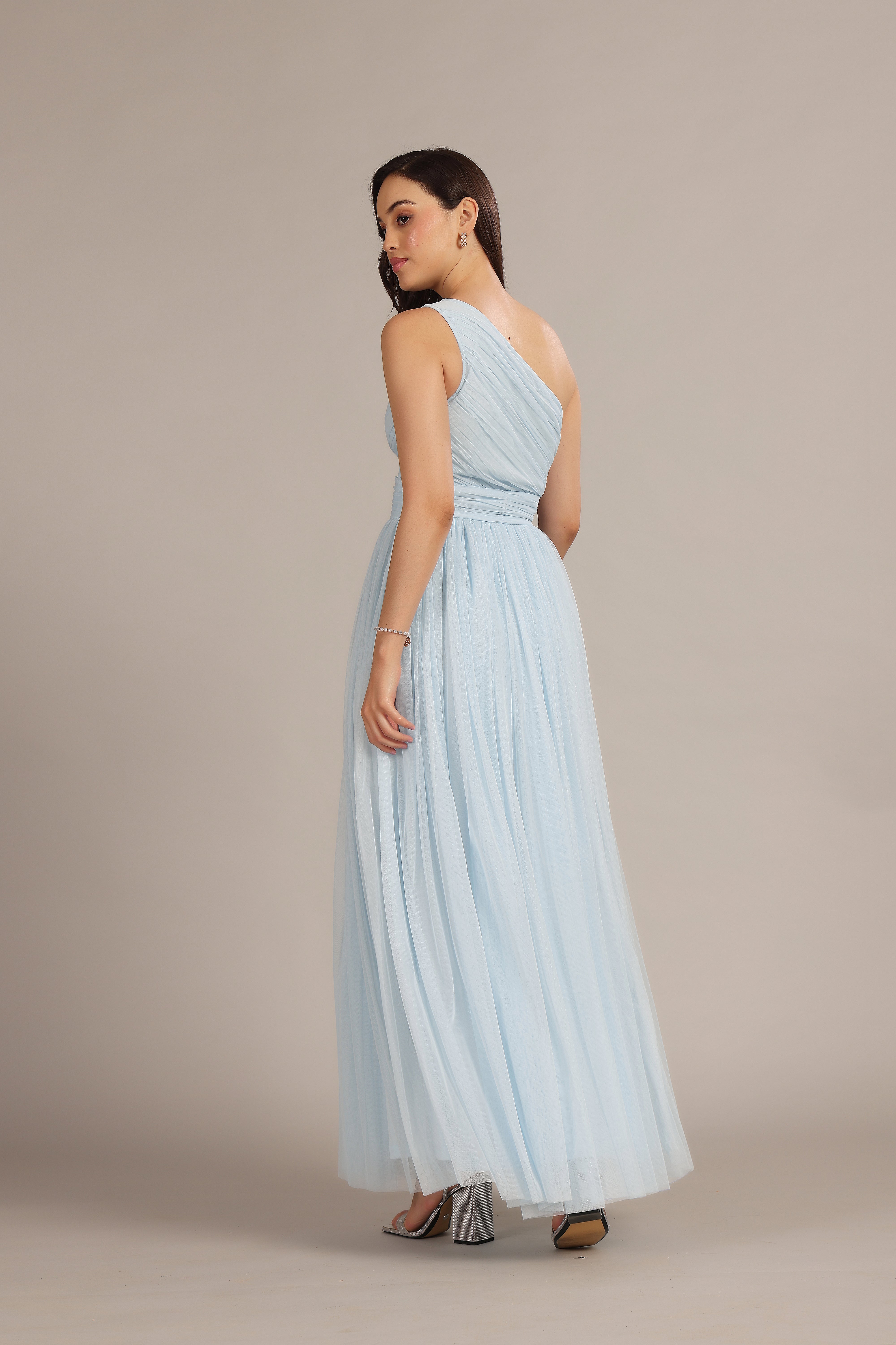 Elegant One Shoulder Maxi Dress in Soft Powder Blue - Perfect for Beach Weddings, Summer Parties & Evening Events