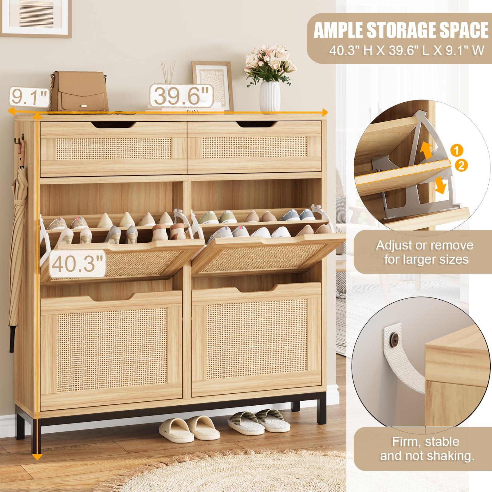 Boho Rattan Shoe Storage Cabinet with 4 Flip Drawers - Narrow Free Standing Wooden Shoe Organizer for Entryway, Hallway & Foyer - Hidden Shoe Storage Solution for Small Spaces (Wood, 4 Drawers) - Perfect for Apartments, Dorms and Clutter-Free Home Organization