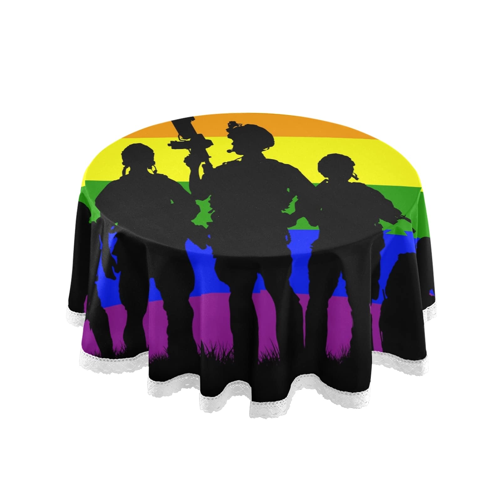 Rainbow Pride LGBT Army Soldier Round Tablecloth - 60 Inch Washable Polyester Circular Table Cover for Kitchen, Party, Picnic & Dining Decor | Perfect for Pride Celebrations, Military-Themed Events & LGBTQ+ Gatherings
