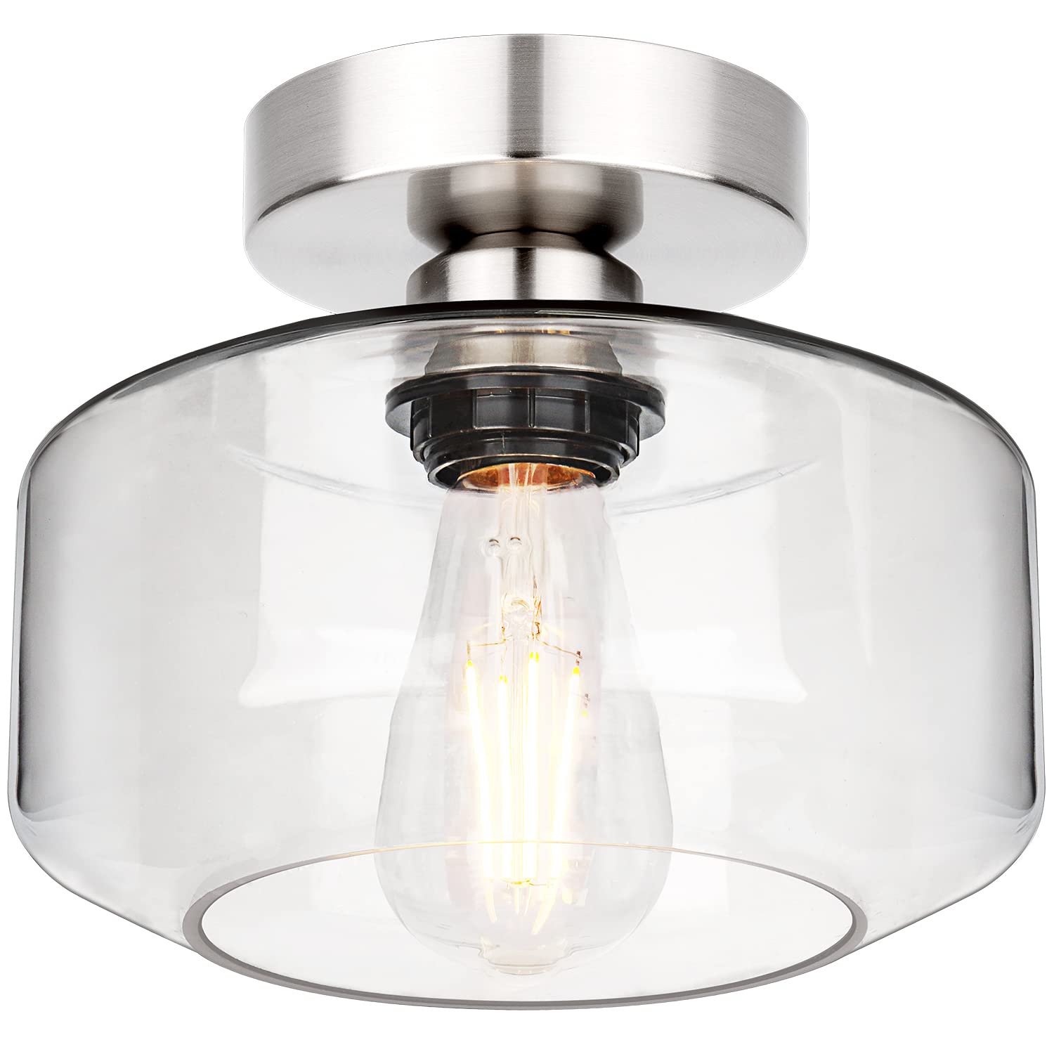 Industrial Semi Flush Mount Ceiling Light - Brushed Nickel Finish with 900 Lumen LED Bulb & Clear Glass Shade - Farmhouse Lighting Fixture for Hallway, Corridor, Kitchen, Bathroom, Bedroom - Perfect for Rustic Home Decor & Commercial Spaces