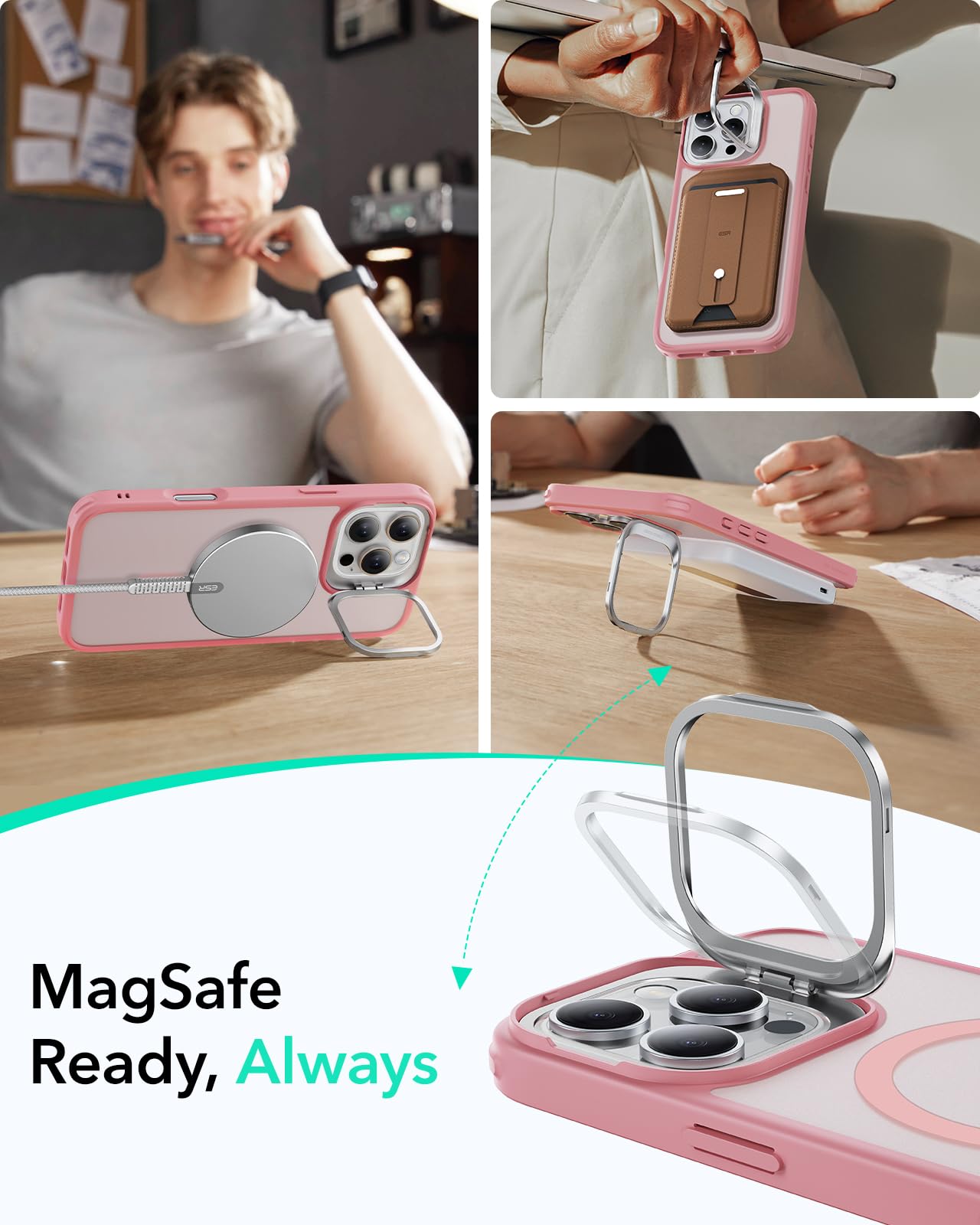 ESR iPhone 16 Pro Max Case with MagSafe Compatibility | Military-Grade Protection & Built-in Stash Stand | Scratch-Resistant Frosted Pink Back Cover | Perfect for Work, Travel & Everyday Use