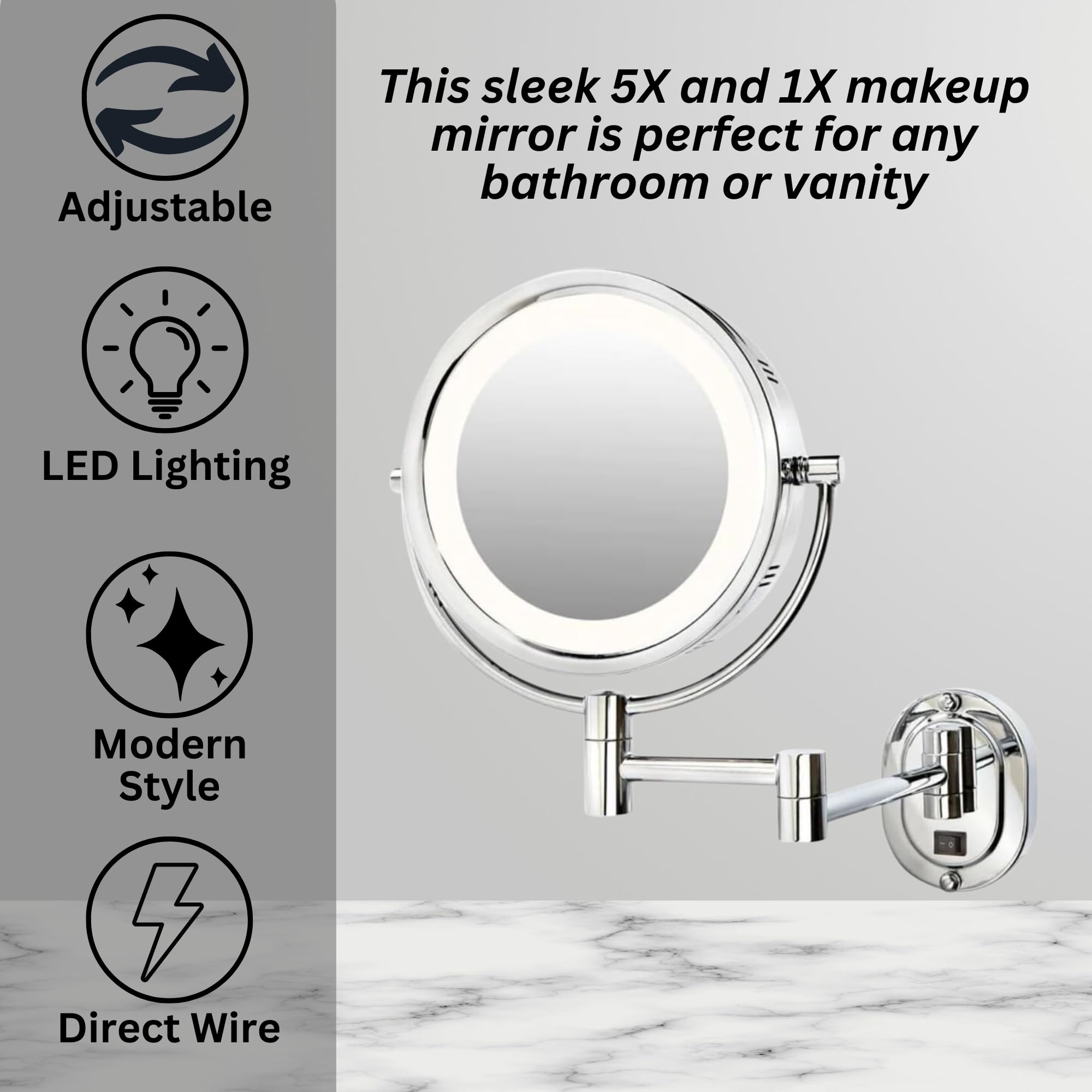 JERDON Wall-Mounted Chrome LED Makeup Mirror with 5X-1X Magnification & 14