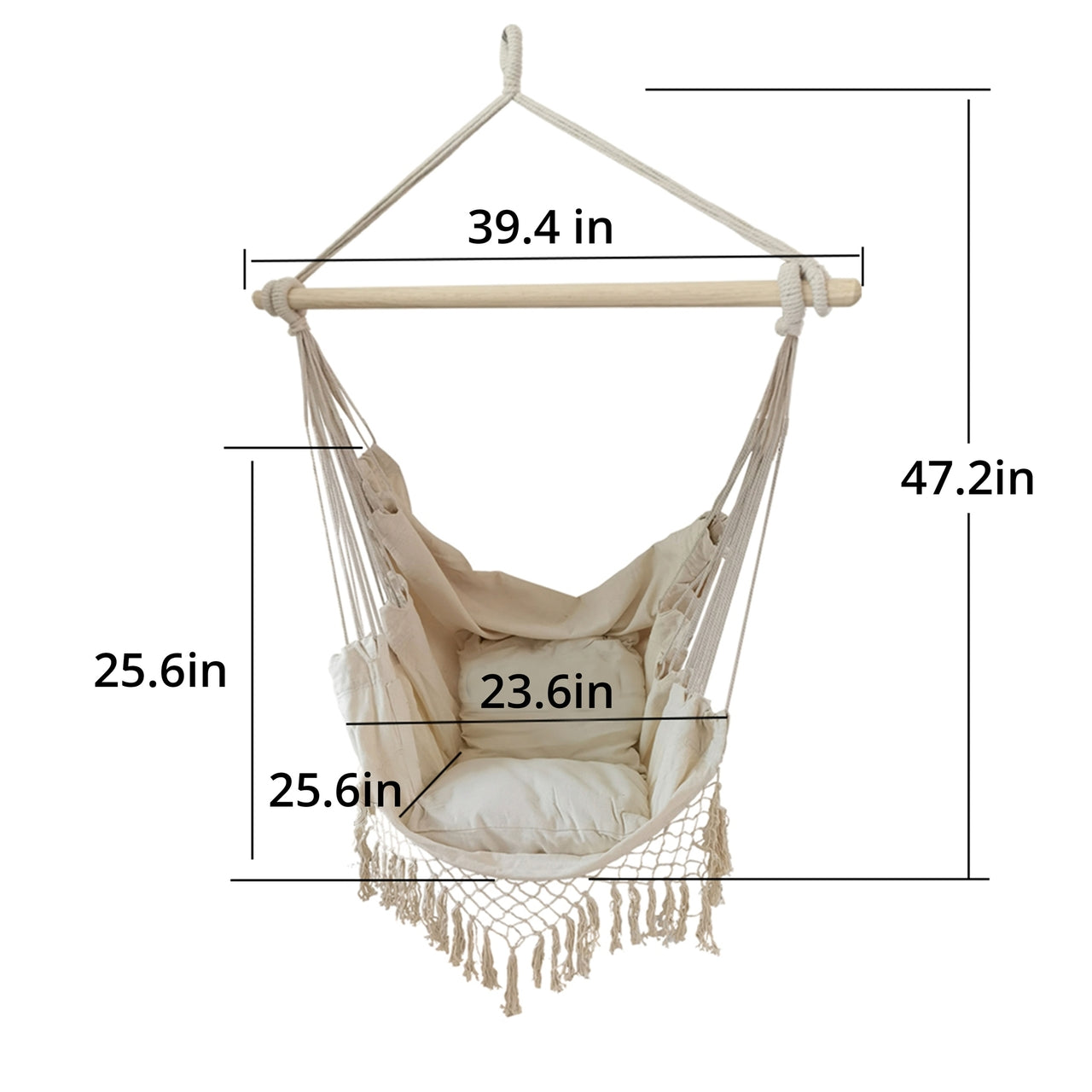 Aleko Outdoor Hanging Rope Swing Hammock Chair with Side Pocket & Wooden Spreader Bar - Ivory - Perfect for Patio, Garden, Backyard Relaxation & Reading Nook