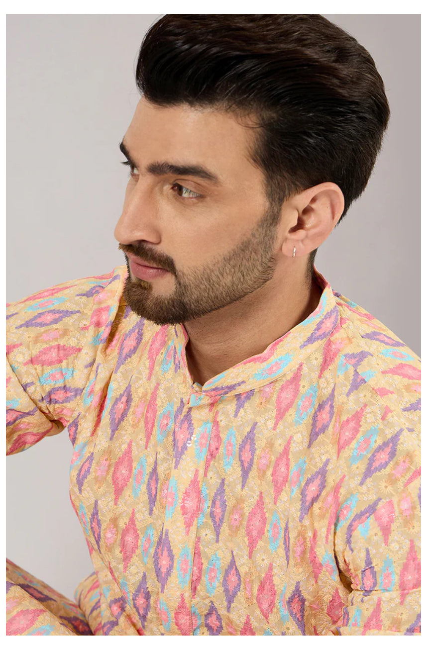 Men's Yellow Abstract Embroidered Chikankari Straight Kurta - Traditional Indian Tunic for Casual Wear & Festive Occasions