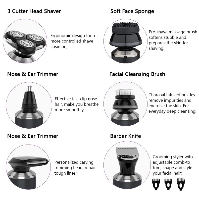 6-in-1 Electric Shaver for Bald Men - Rechargeable Wet/Dry Head Shaver with Beard & Nose Trimmer - Complete Grooming Kit for Smooth Shaving at Home, Travel & Gym