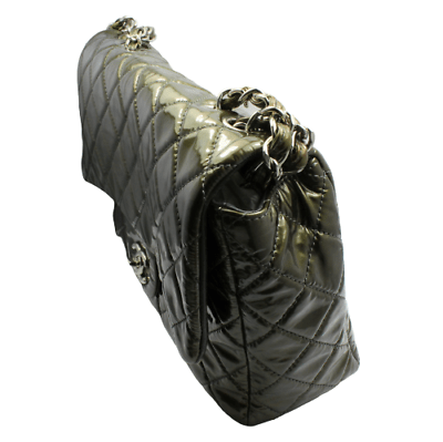 Authentic 2008 Chanel Classic Jumbo Quilted Patent Leather Handbag in Rare Olive Green - Luxury Designer Purse for Women, Perfect for Evening Events & Special Occasions