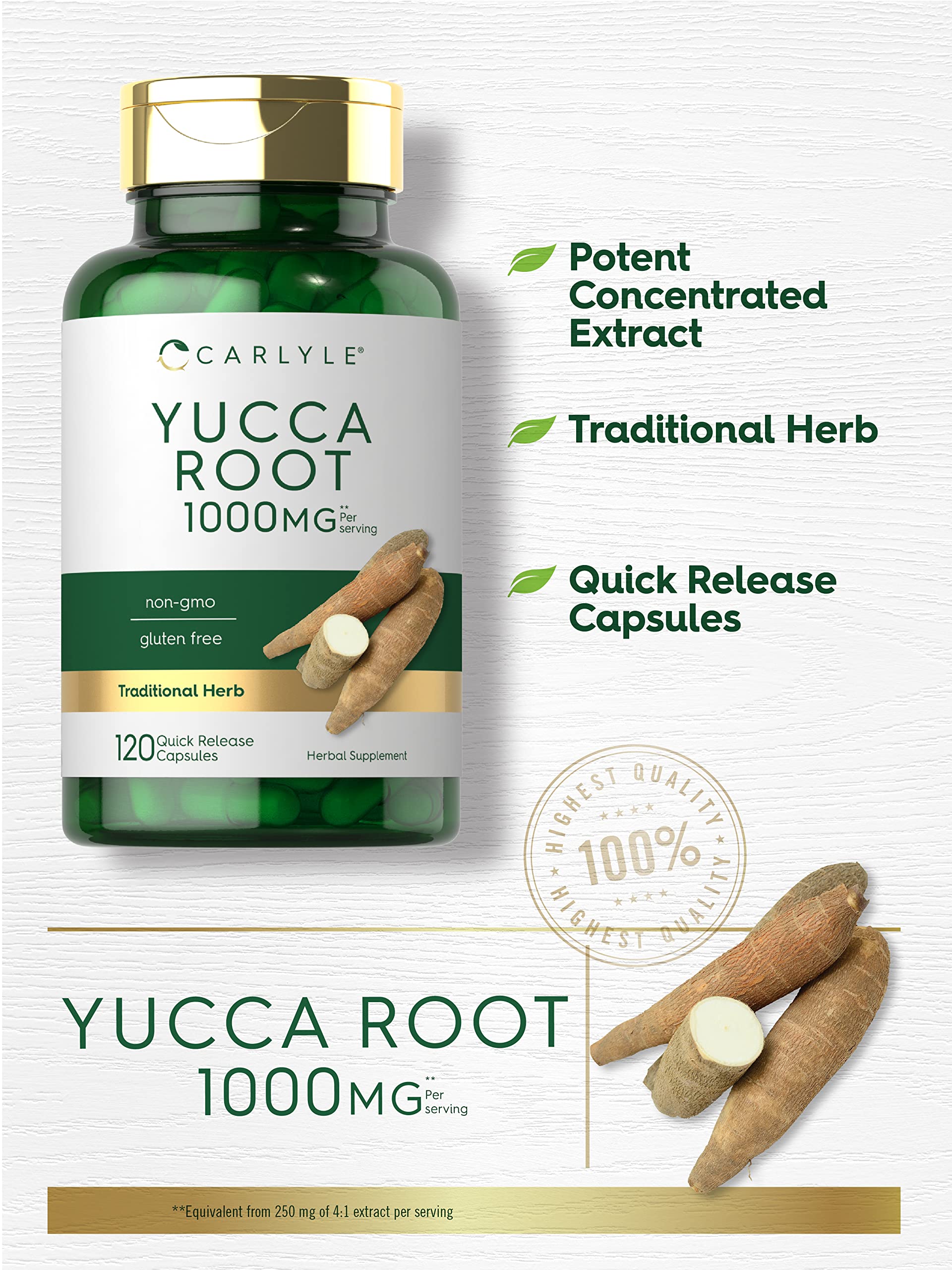 Carlyle Yucca Root Supplement 1000mg | 120 Capsules | Non-GMO, Gluten Free Extract | Supports Joint Health & Digestion | for Active Lifestyles & Wellness Routines