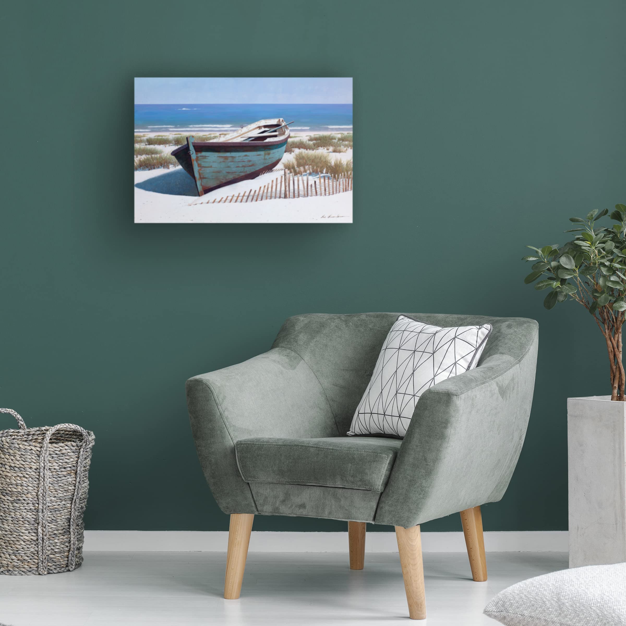 Trademark Fine Art 'Blue Boat on Beach' Canvas Wall Art Print by Zhen Huan Lu - Coastal Home Decor for Living Room, Bedroom & Office