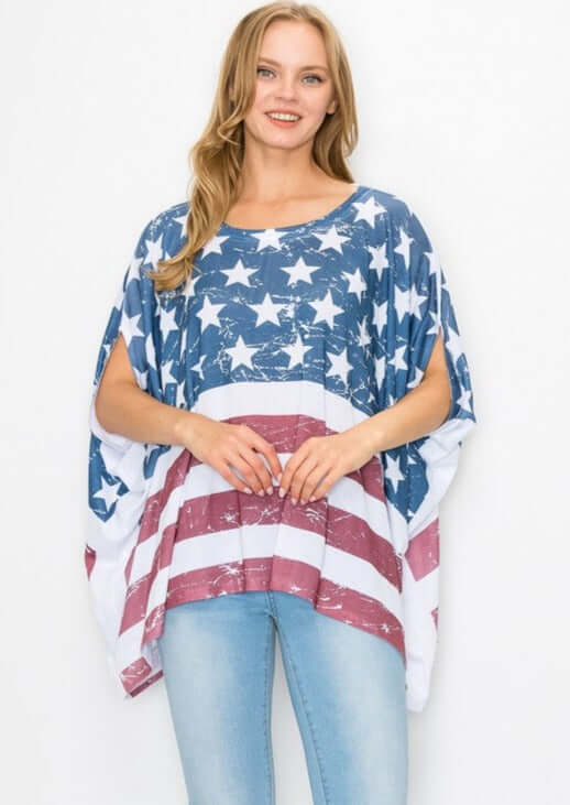 American Flag Print Oversized Poncho - Made in USA | Patriotic Beach Cover-Up, Camping Blanket & Outdoor Festival Wear