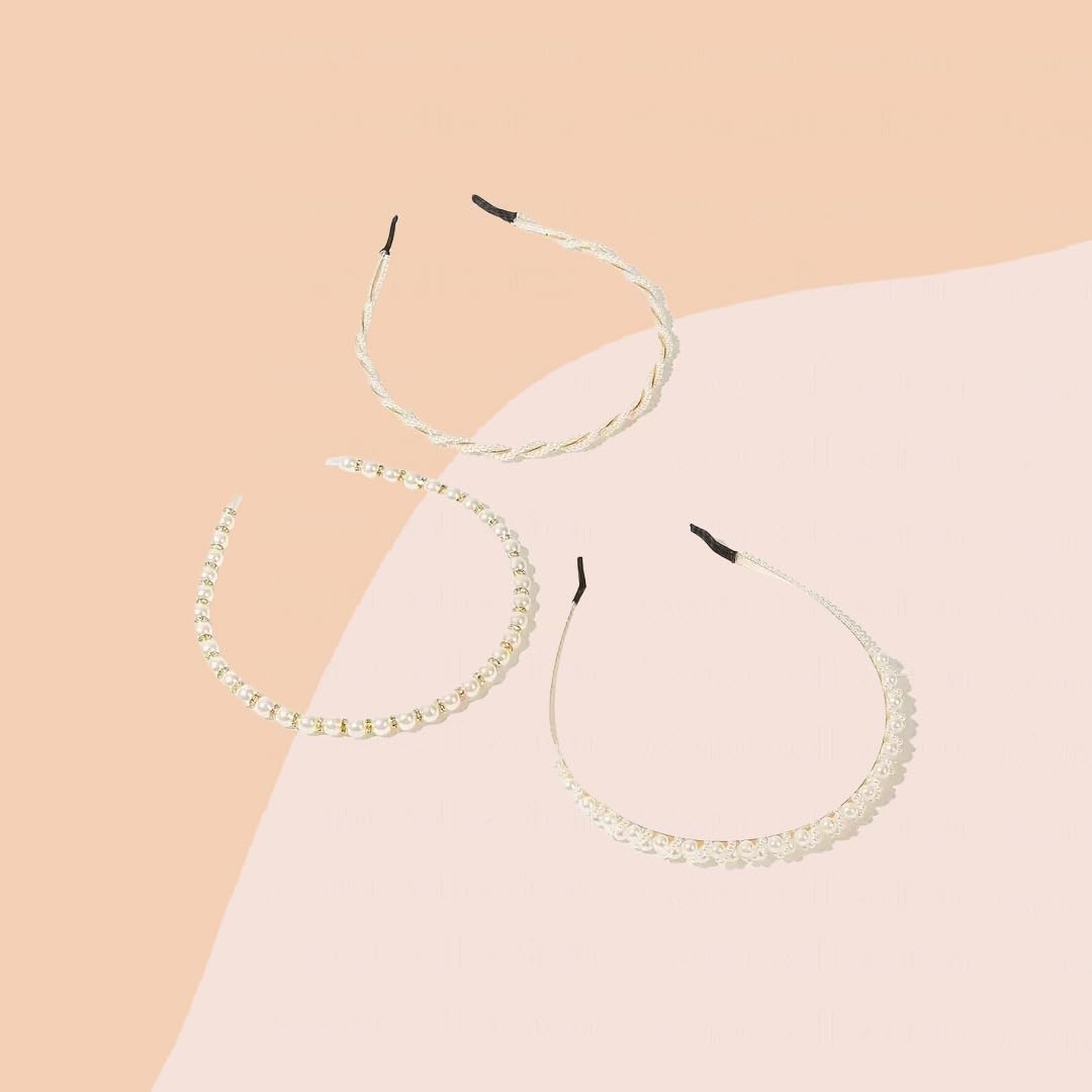 Myra Collection 3-Piece White Pearl Gold Headband Set - Elegant Hair Accessories for Women & Girls | Perfect for Weddings, Parties & Everyday Wear