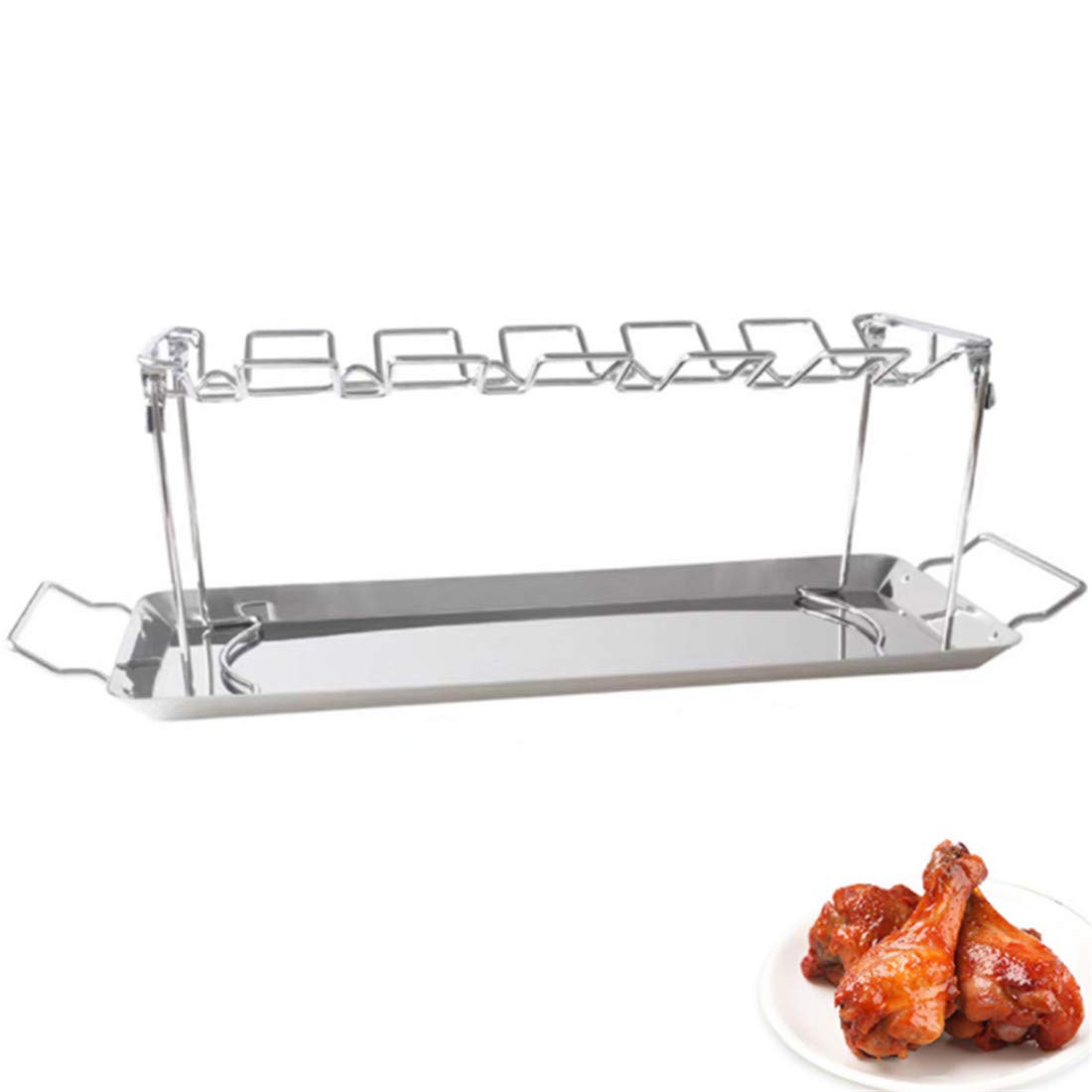 Stainless Steel Foldable Chicken Leg Wing Grill Rack - 12 Slots BBQ Drumstick Roaster Stand with Drip Pan for Smoker, Grill or Oven | Perfect for Backyard BBQ, Camping & Outdoor Cooking