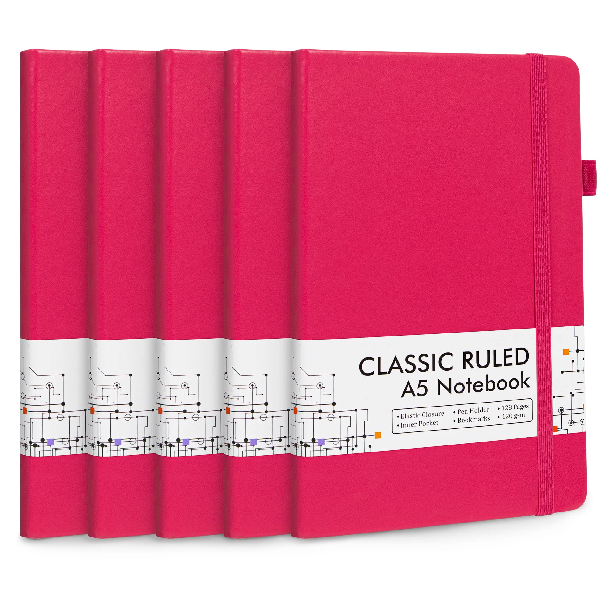 5-Pack Classic Ruled Hardcover Notebooks for School & Office - A5 Size (5.1”x8.3”) with Pen Holder, 120 GSM Thick Paper, Includes 5 Black Pens - Perfect for Note Taking, Journaling & Business Meetings (Berry Color)