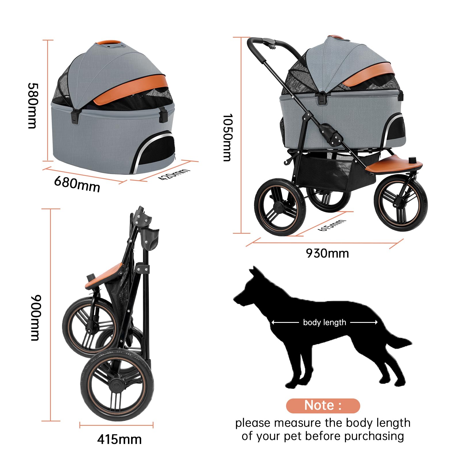 3-in-1 Pet Stroller for Small & Medium Dogs - Lightweight 3-Wheel Jogger with Detachable Carrier, Storage Basket & One-Button Fold | Perfect for Walking, Jogging & Vet Visits (Gray)
