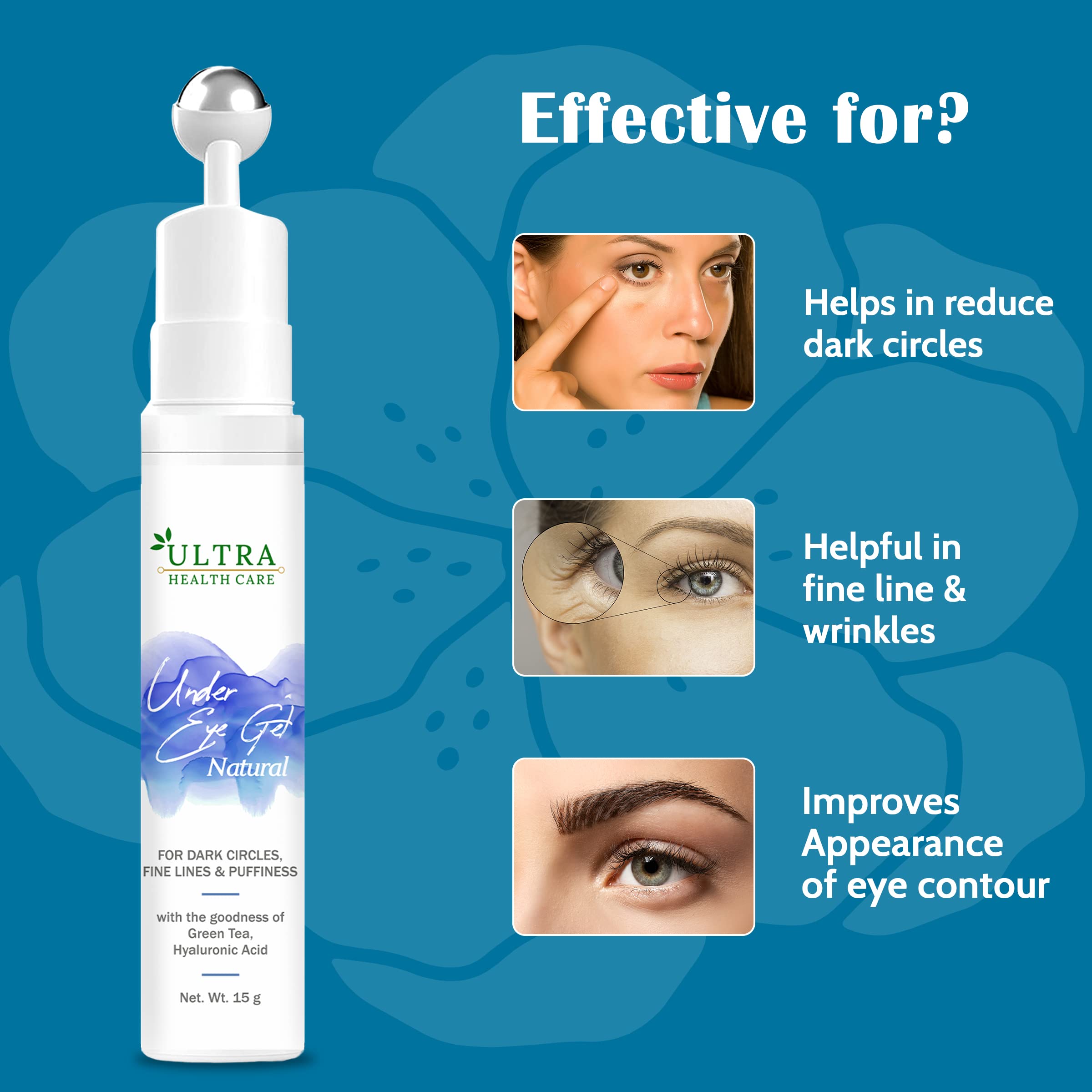 Ultra Healthcare Under Eye Gel with Cooling Massage Roller - Dark Circle & Puffiness Reducer with Green Tea & Hyaluronic Acid | Brightens, Hydrates & Reduces Fine Lines | Perfect for Morning & Night Skincare Routine