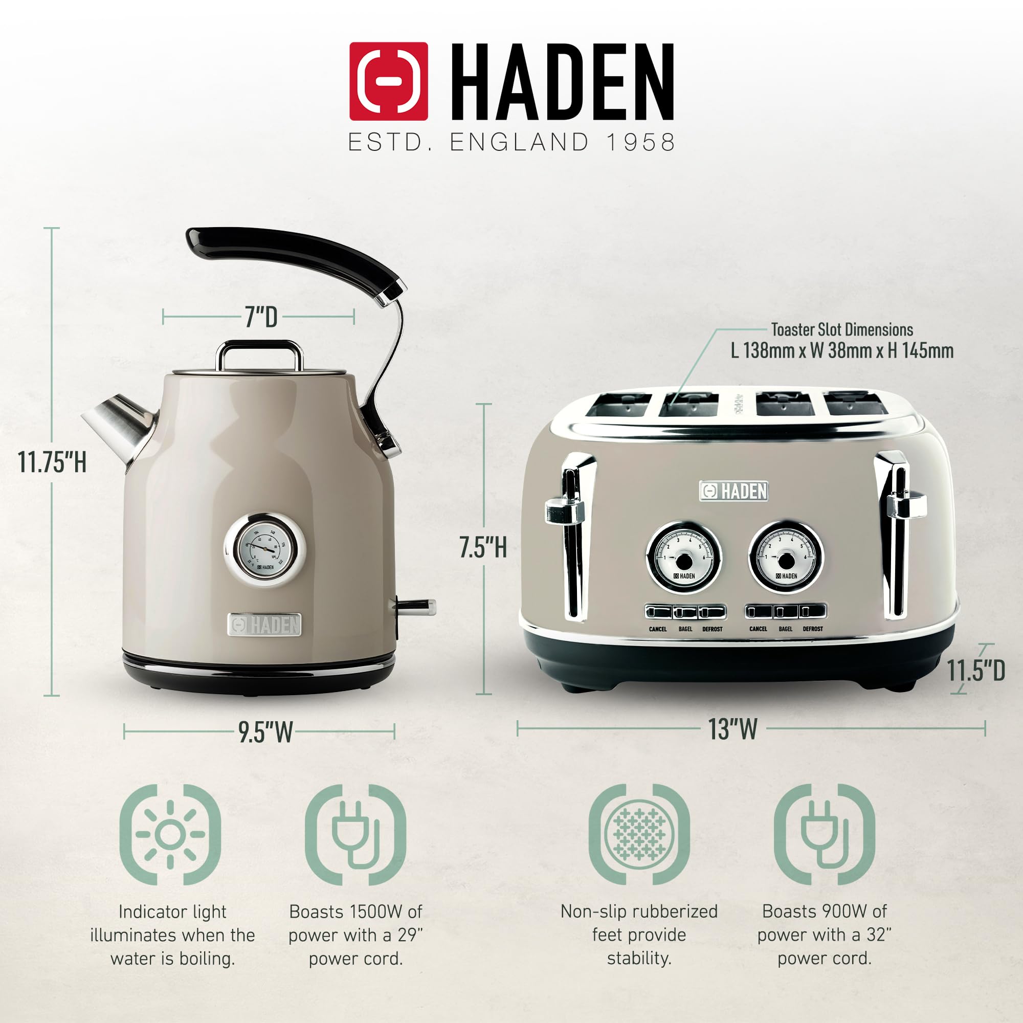 Haden Dorset 4 Slice Wide Slot Stainless Steel Toaster with 1.7L Electric Kettle Set - 360° Swivel Base, Putty & Chrome Finish - Perfect for Breakfast, Kitchen, Dorm & Office Use