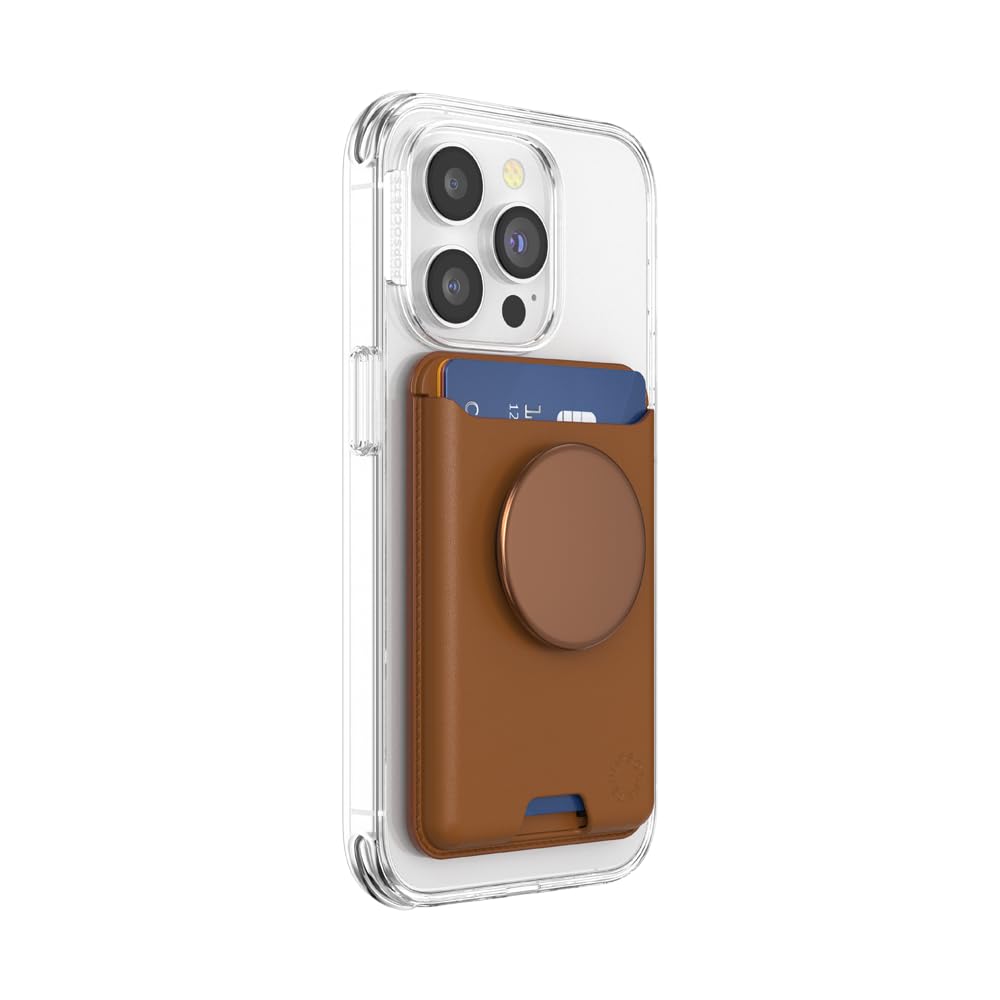 PopSockets Softgoods Phone Wallet with Expanding Grip & MagSafe Adapter Ring - Slim Card Holder for iPhone, Wireless Charging Compatible, Cognac Leather - Perfect for Travel, Commuting & Hands-Free Use