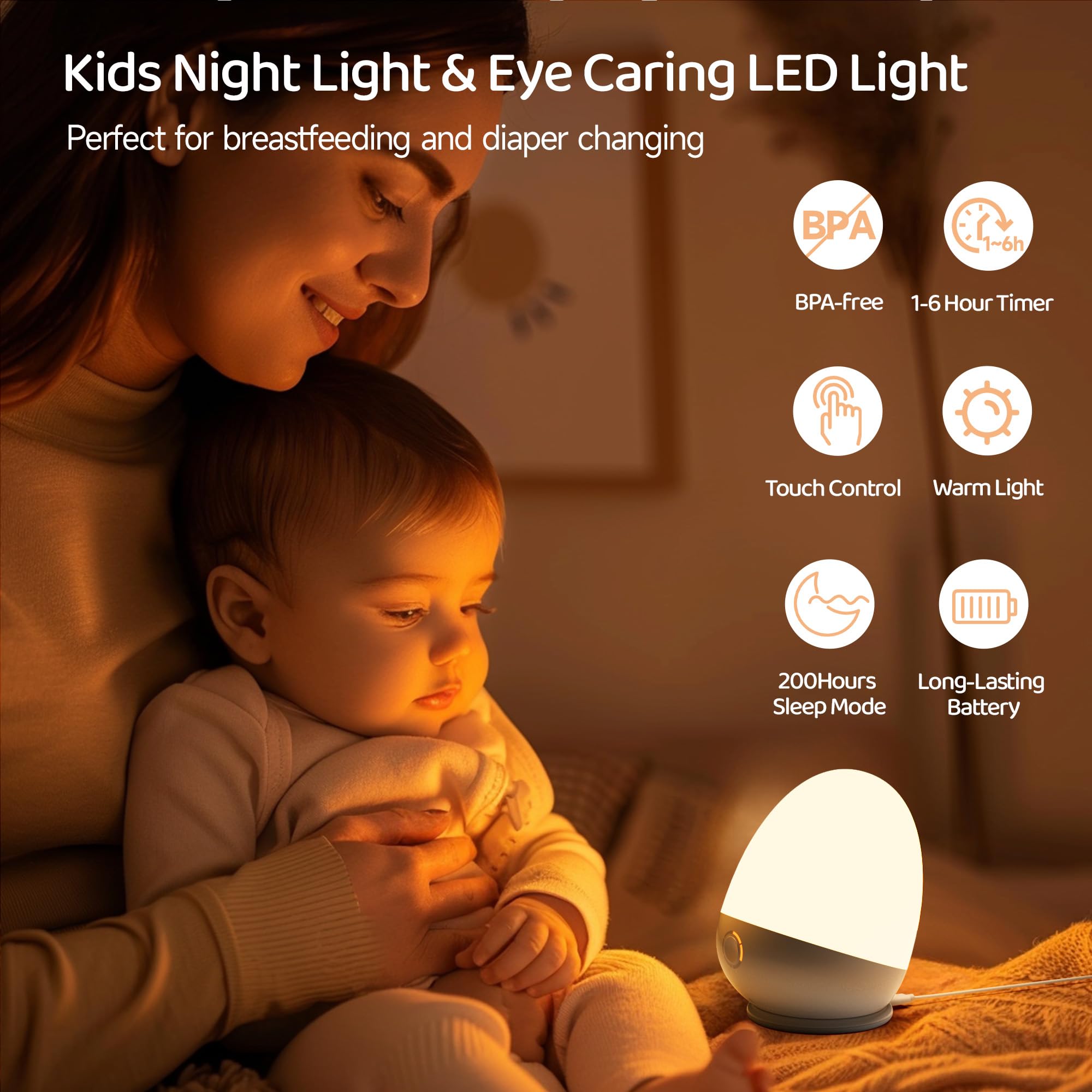 Rechargeable Touch Egg Night Light for Baby Nursery - Portable Kids Nightlight with 1-6H Feeding Timer, 3 Color Temperatures & Dimmable LED - Perfect for New Moms, Toddlers Bedroom, Breastfeeding & Diaper Changes
