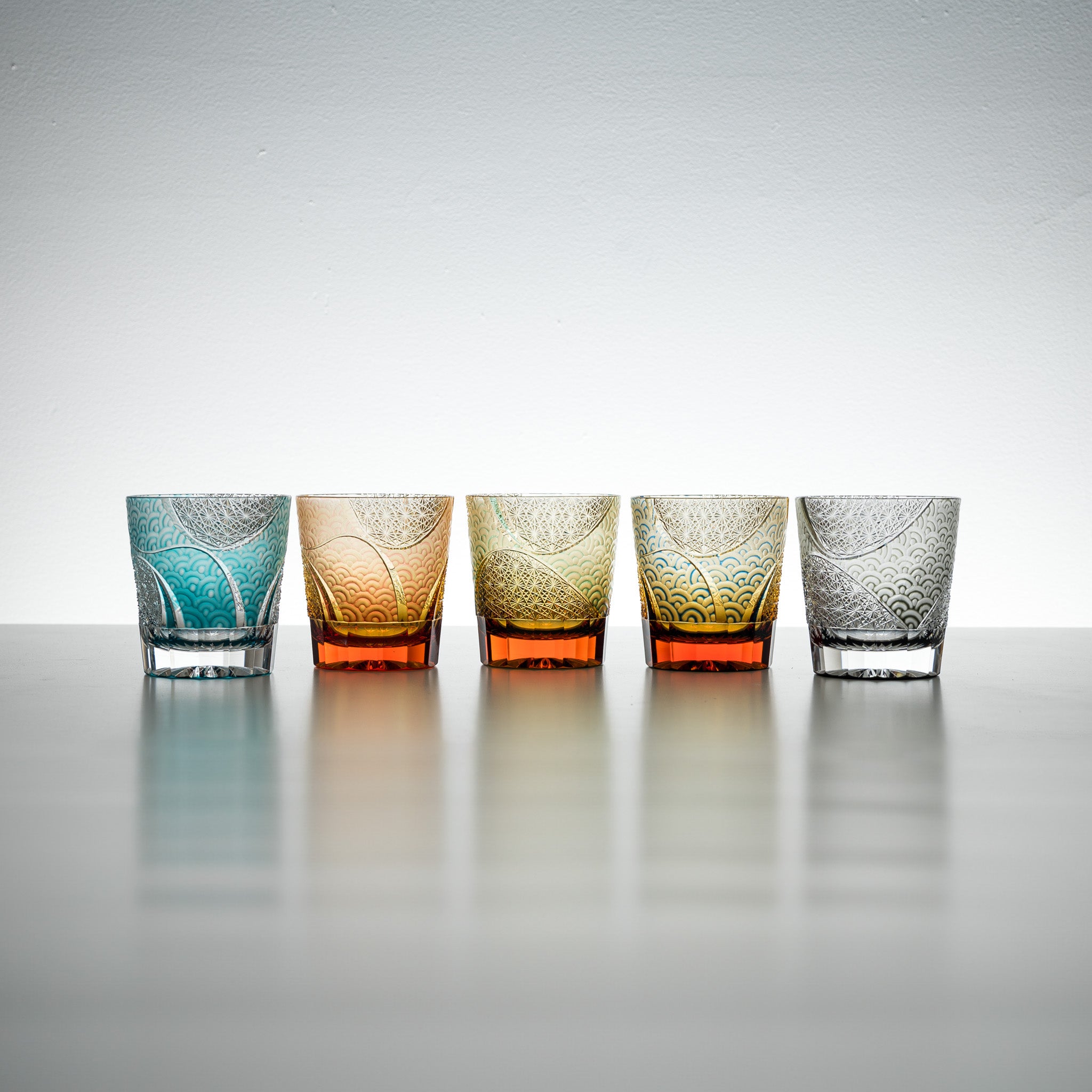Yamada Crystal Glass Rock Glass - Amber Blue Wave Design - Premium Whiskey Tumbler for Home Bar, Cocktail Party & Gifts