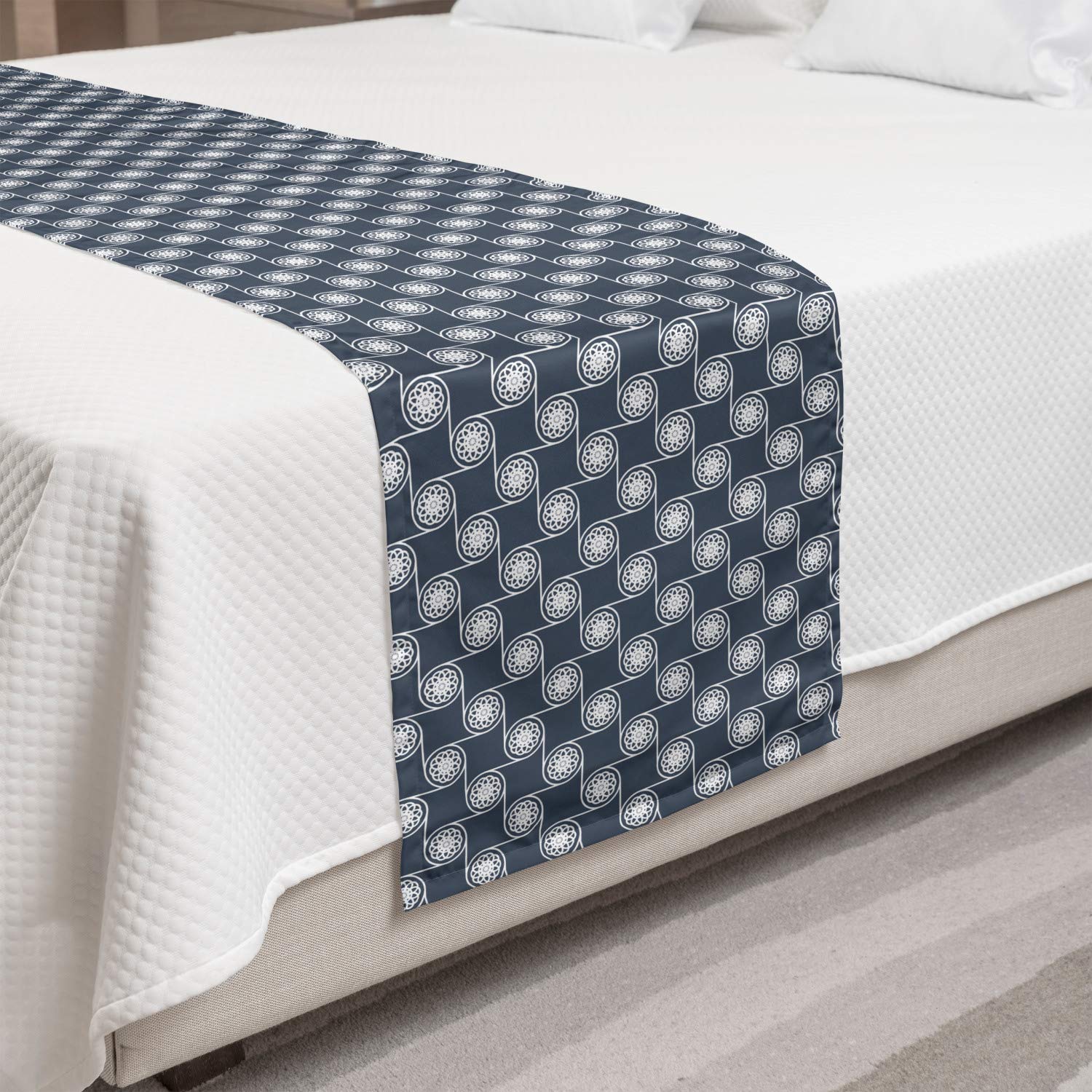 Ambesonne Japanese Style Floral Circle Pattern Bed Runner - Eastern Ornamental Design Decorative Bed Scarf for Queen King Beds - Charcoal Grey & Dark Blue Accent for Hotels, Homes, Guest Rooms | Perfect for Asian-Themed Bedrooms, Wedding Decor & Luxury Bedding Styling