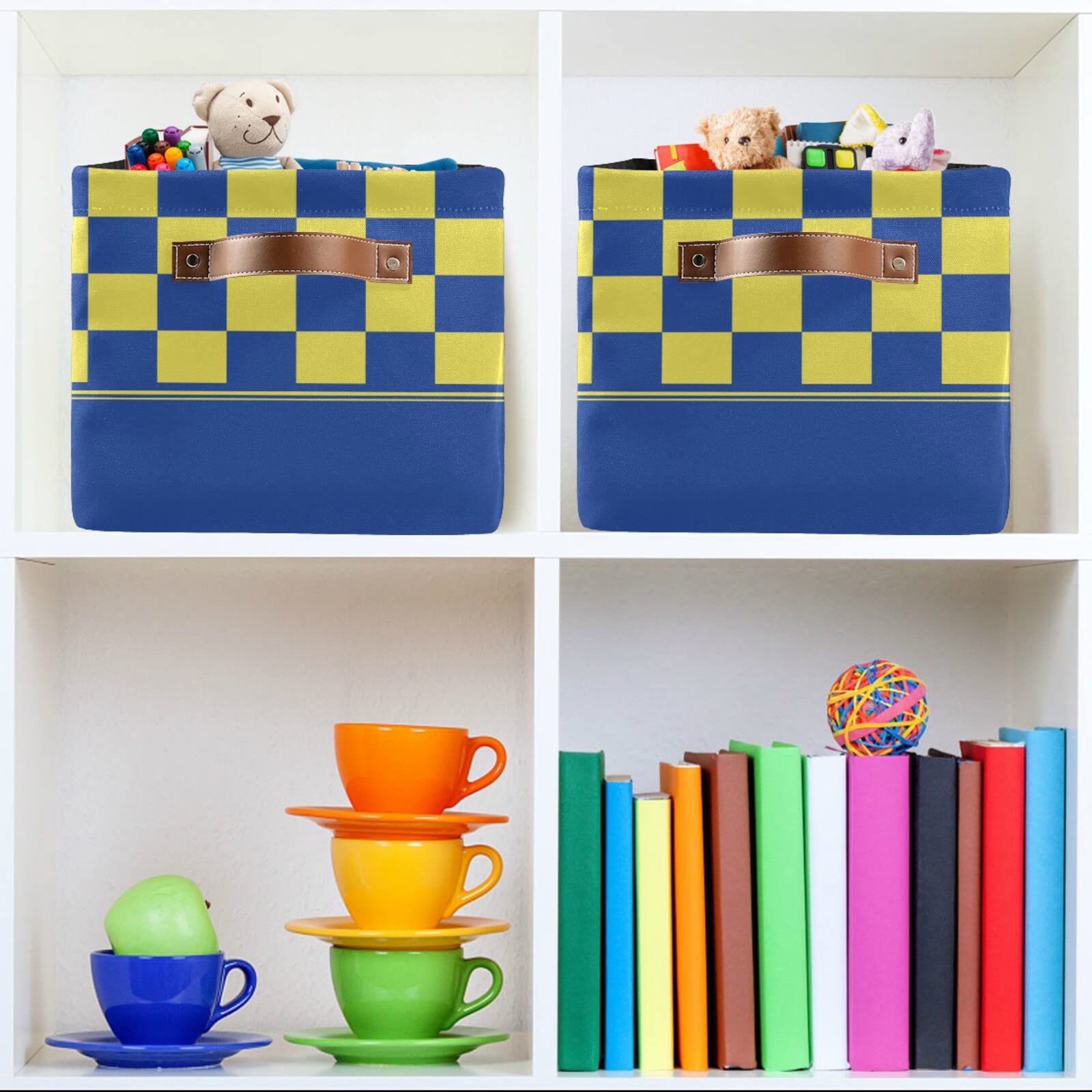 Checkerboard Yellow Blue Plaid Collapsible Storage Basket with Leather Handles - Rectangular Storage Bin for Kitchen, School, Office & Home Organization | Perfect for Shelves, Closets & Laundry Room