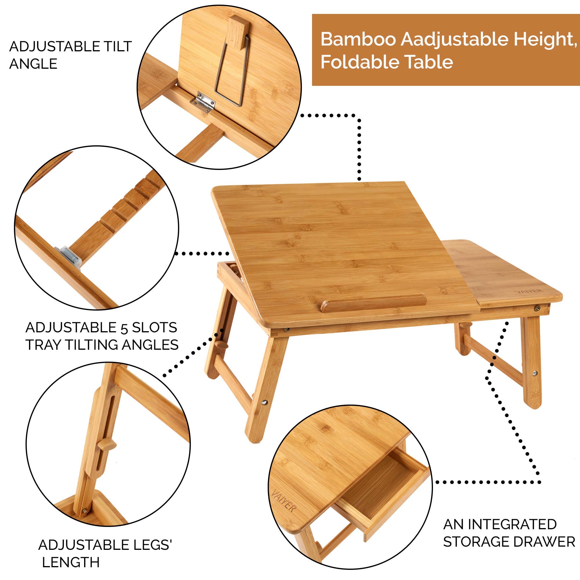 Vaiyer Bamboo Laptop Desk - Foldable Adjustable Bed Tray with Tilting Top & Drawer for Work, Study, Dining | Portable Floor Desk for Home Office, Bedroom, Living Room | Perfect for Remote Work, Breakfast in Bed, and Lap Computing