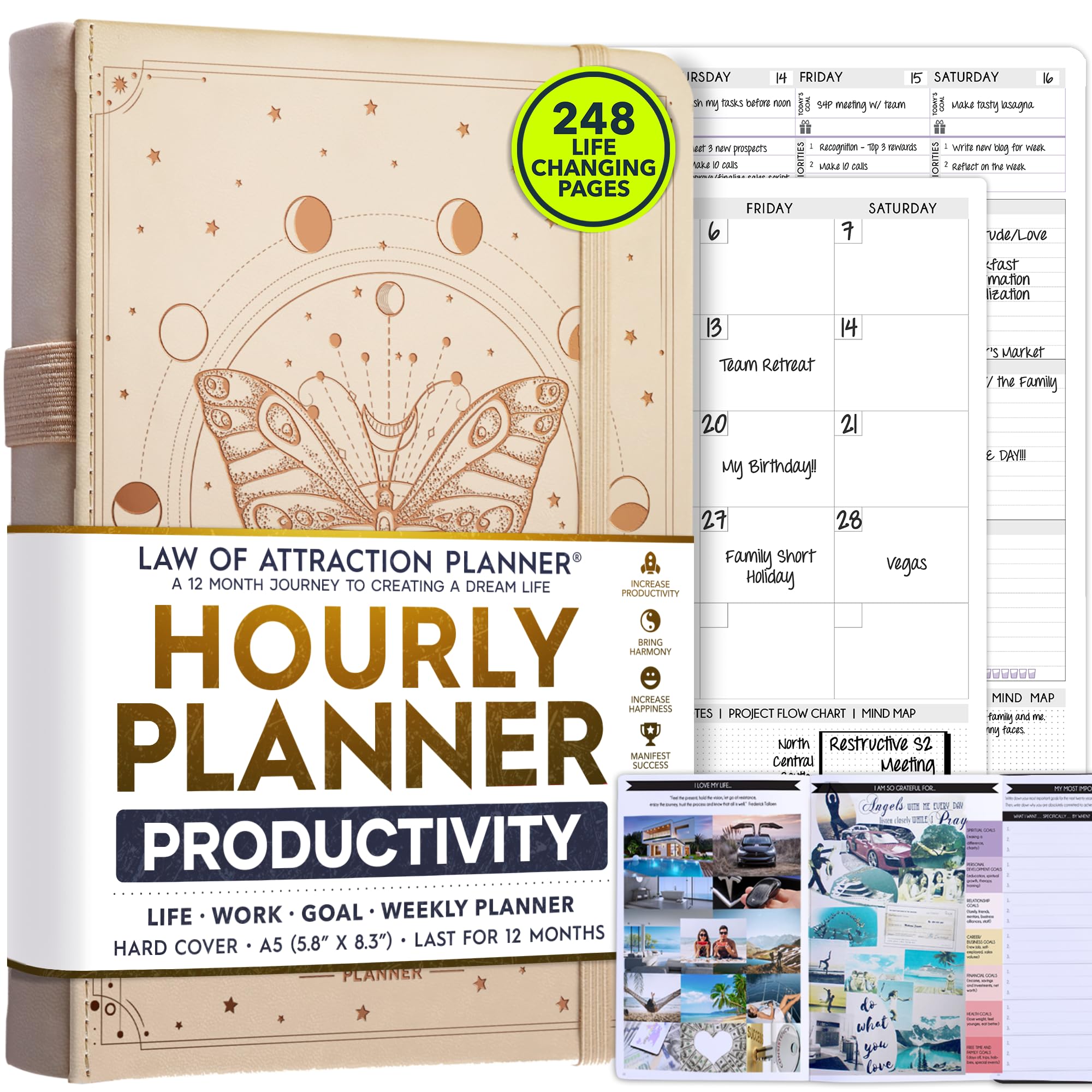 Undated Hourly Planner - 12-Month Weekly & Monthly Productivity Planner with Gratitude Journal, Goal Tracker & Life Organizer | Includes Foldable Vision Board, Habit Tracker & Stickers | Perfect for Work, School, Time Management & Personal Development