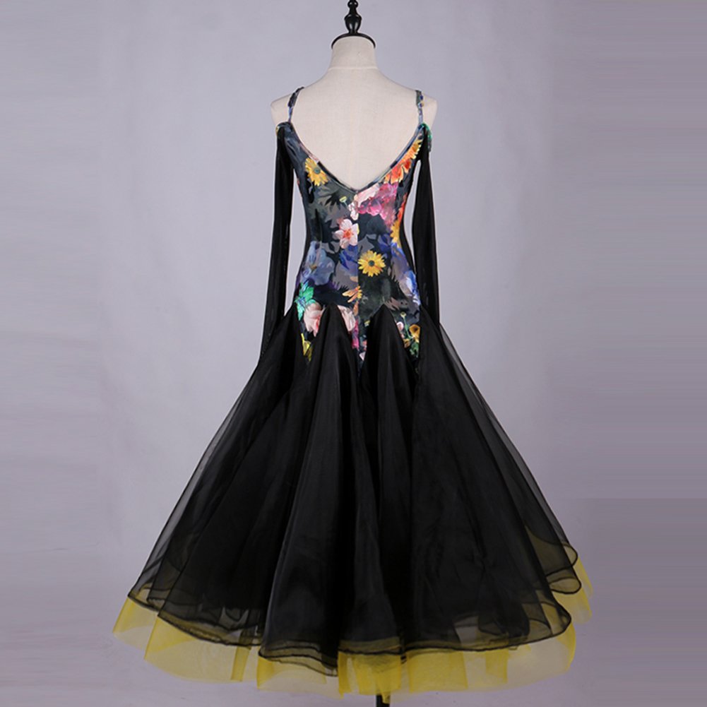Elegant Floral Print Ballroom Dance Dress for Women - Off Shoulder Long Gown for Latin, Salsa & Wedding Events