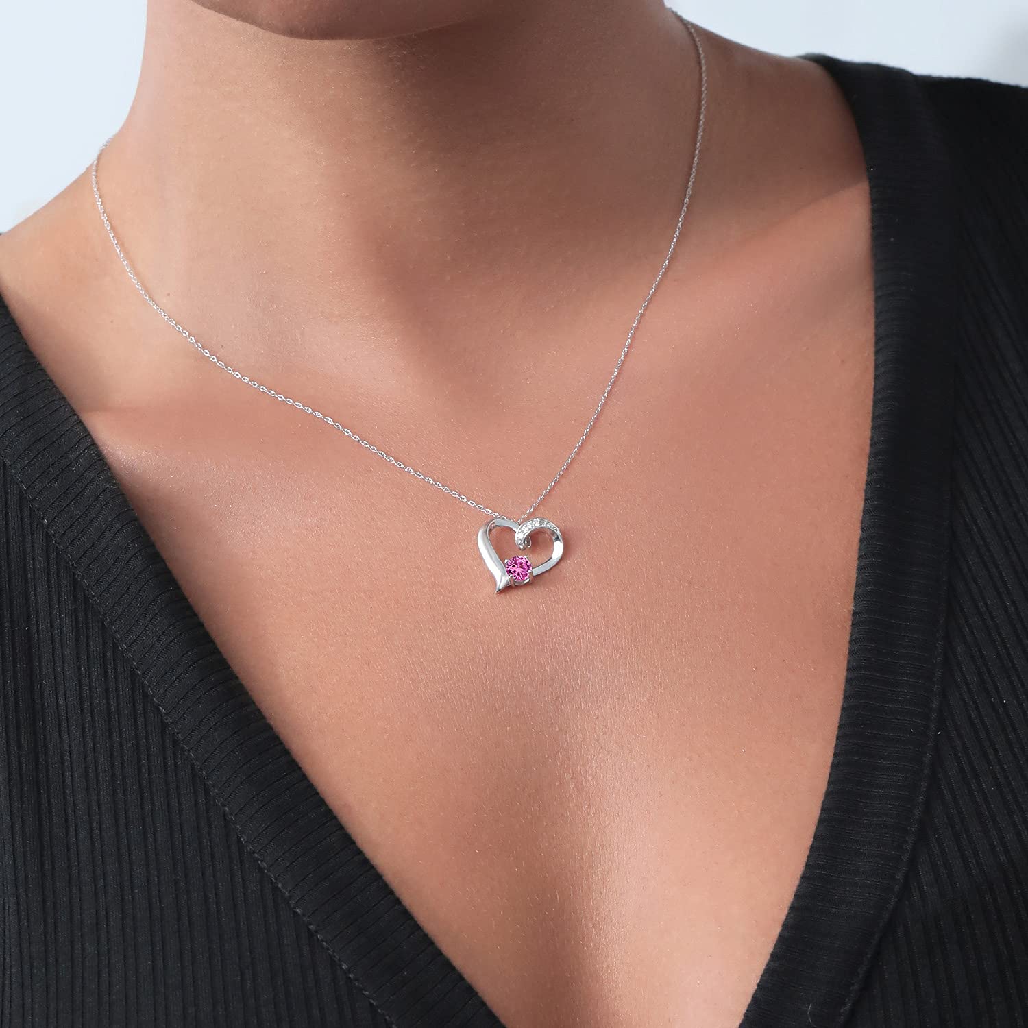 10K White Gold 5MM Round Birthstone & Lab Diamond Heart Pendant Necklace for Women | 18