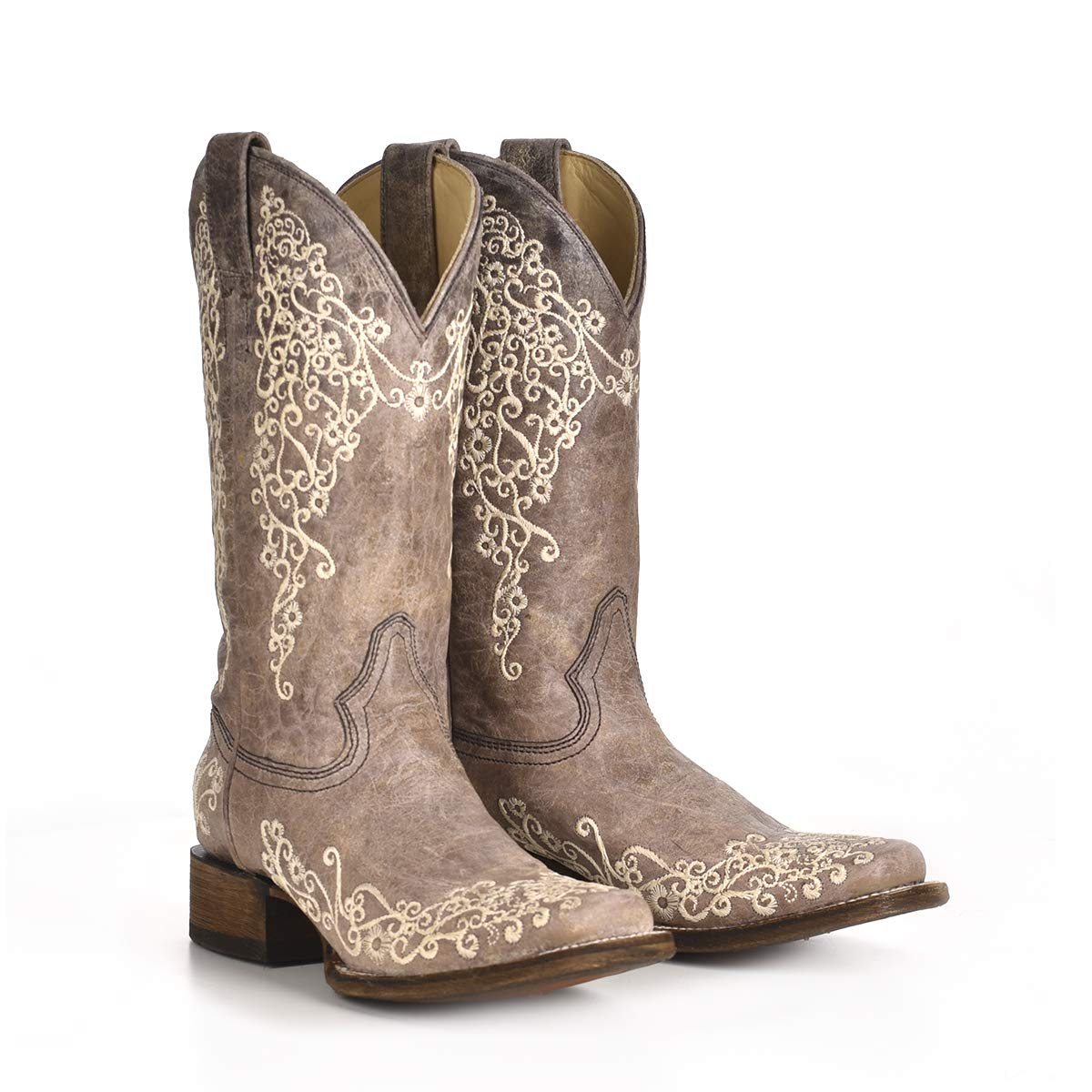 Corral Women's Brown Crater Bone Embroidered Square Toe Western Boots - Leather with Rubber Insert Sole A2663 - Perfect for Country Dancing, Rodeos & Casual Wear